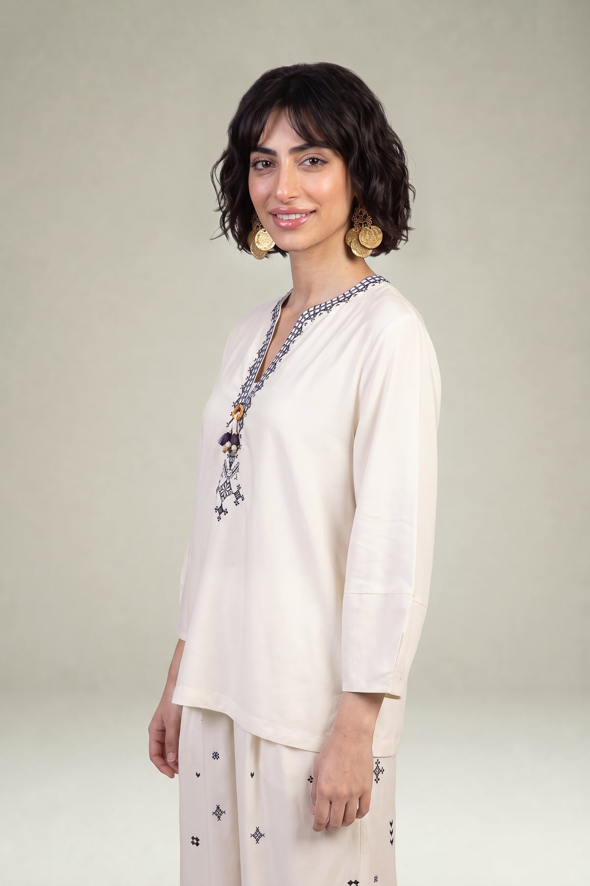 Embroidered Viscose Crepe V-Neck Crepe Blouse - 1-26-309-B-D1-VG