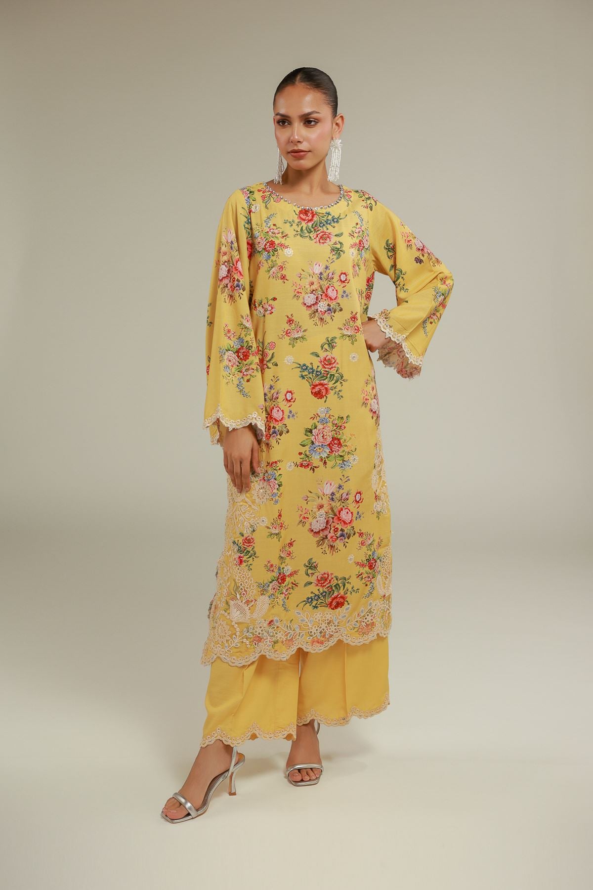 Embroidered Raw Silk Floral Lace Kurta - 2-26-104-A-E-VG