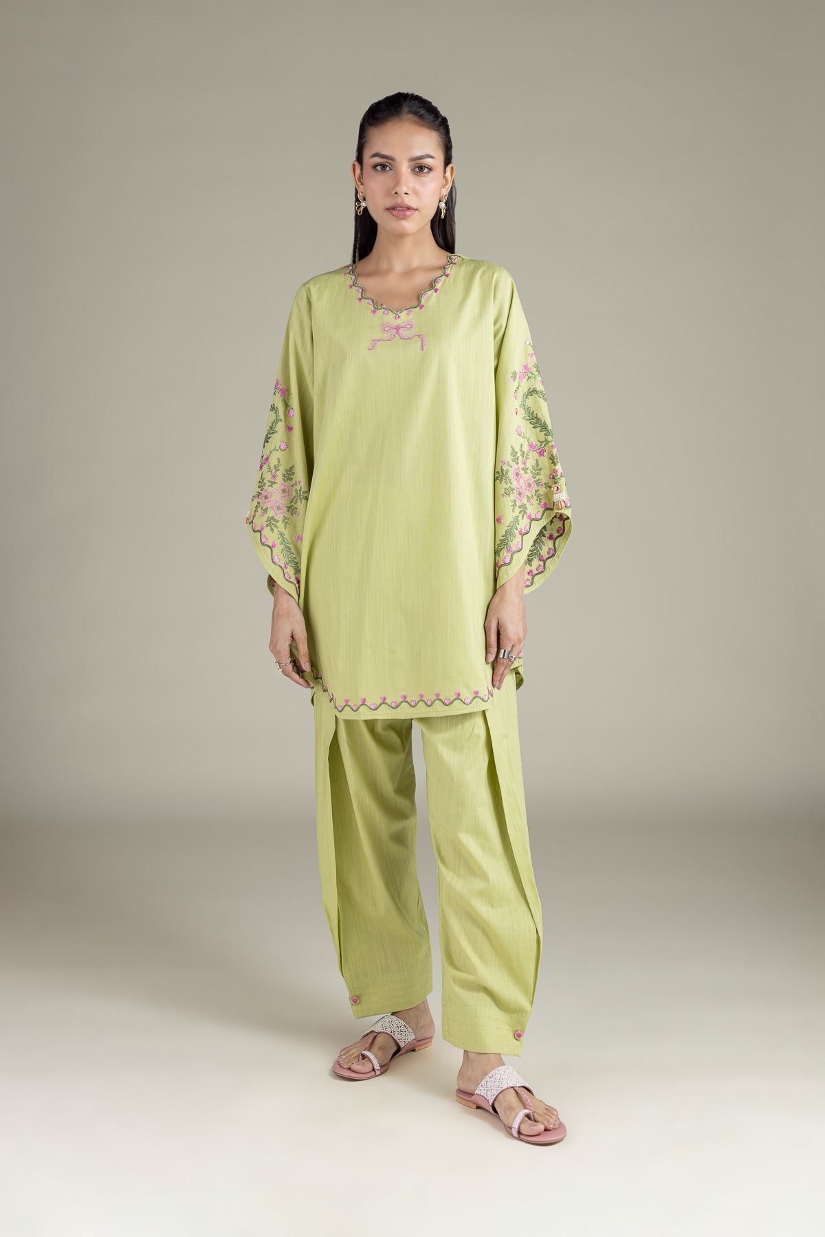Embroidered Textured Cambric Scalloped Floral Kurta - CA44BST-VG