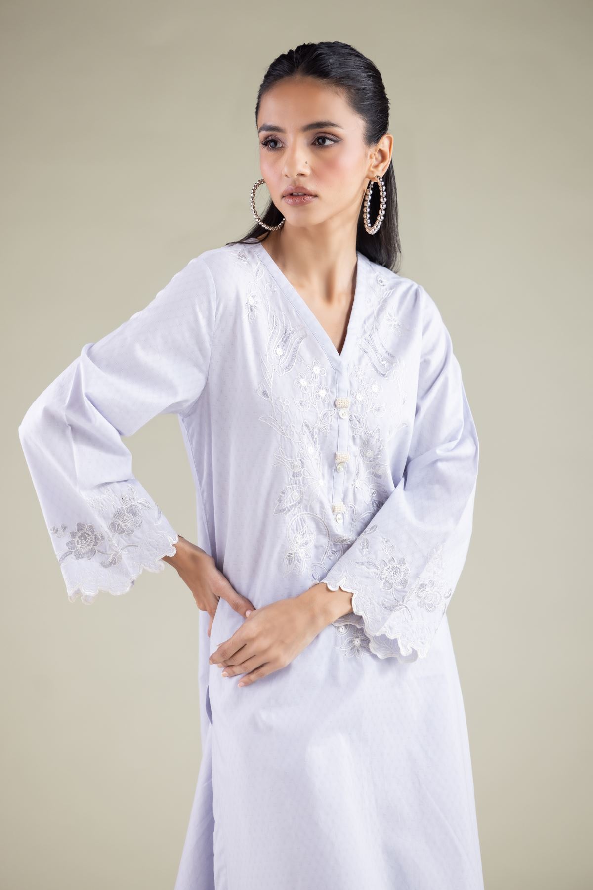 Embroidered Cotton Dobby Floral Longline Kurta - 1-26-115-B-F-VG