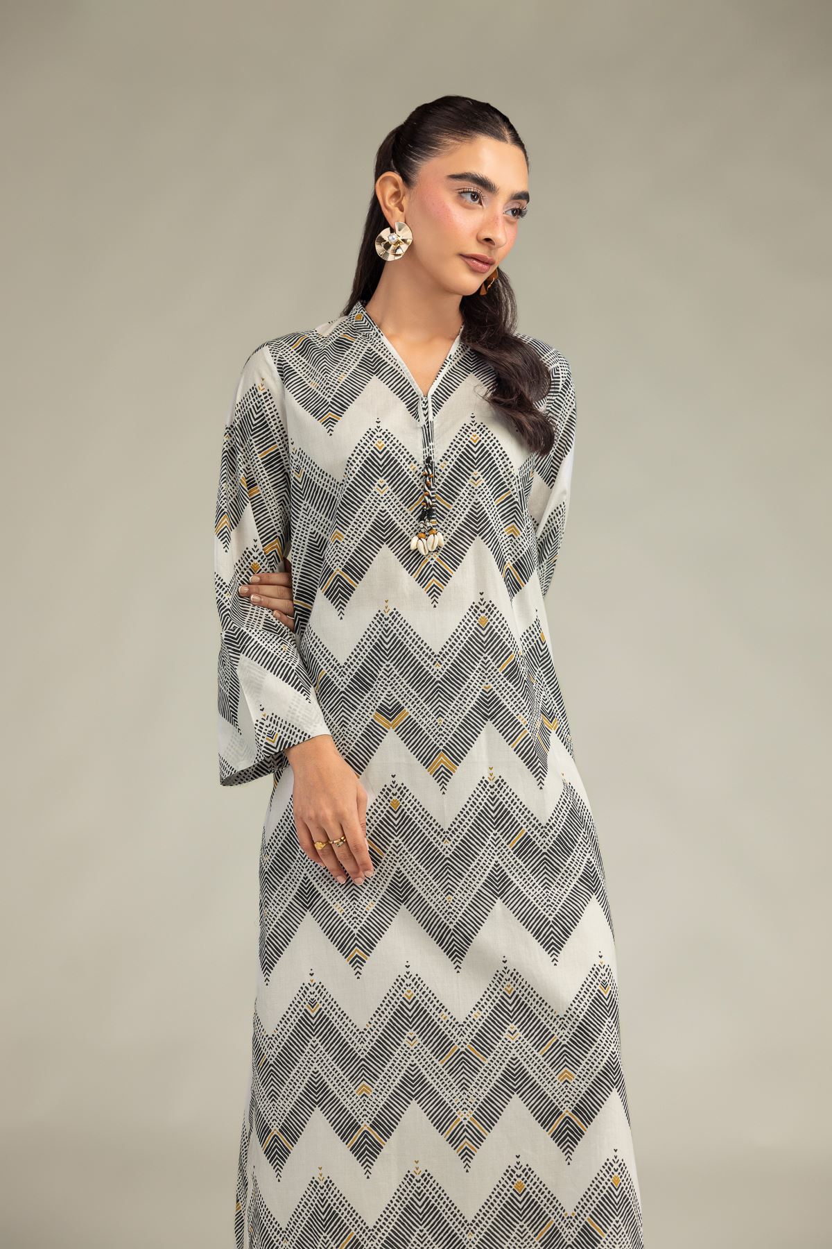 Printed Cambric Geometric Longline Kurta - 1-26-322-B-A1-VG