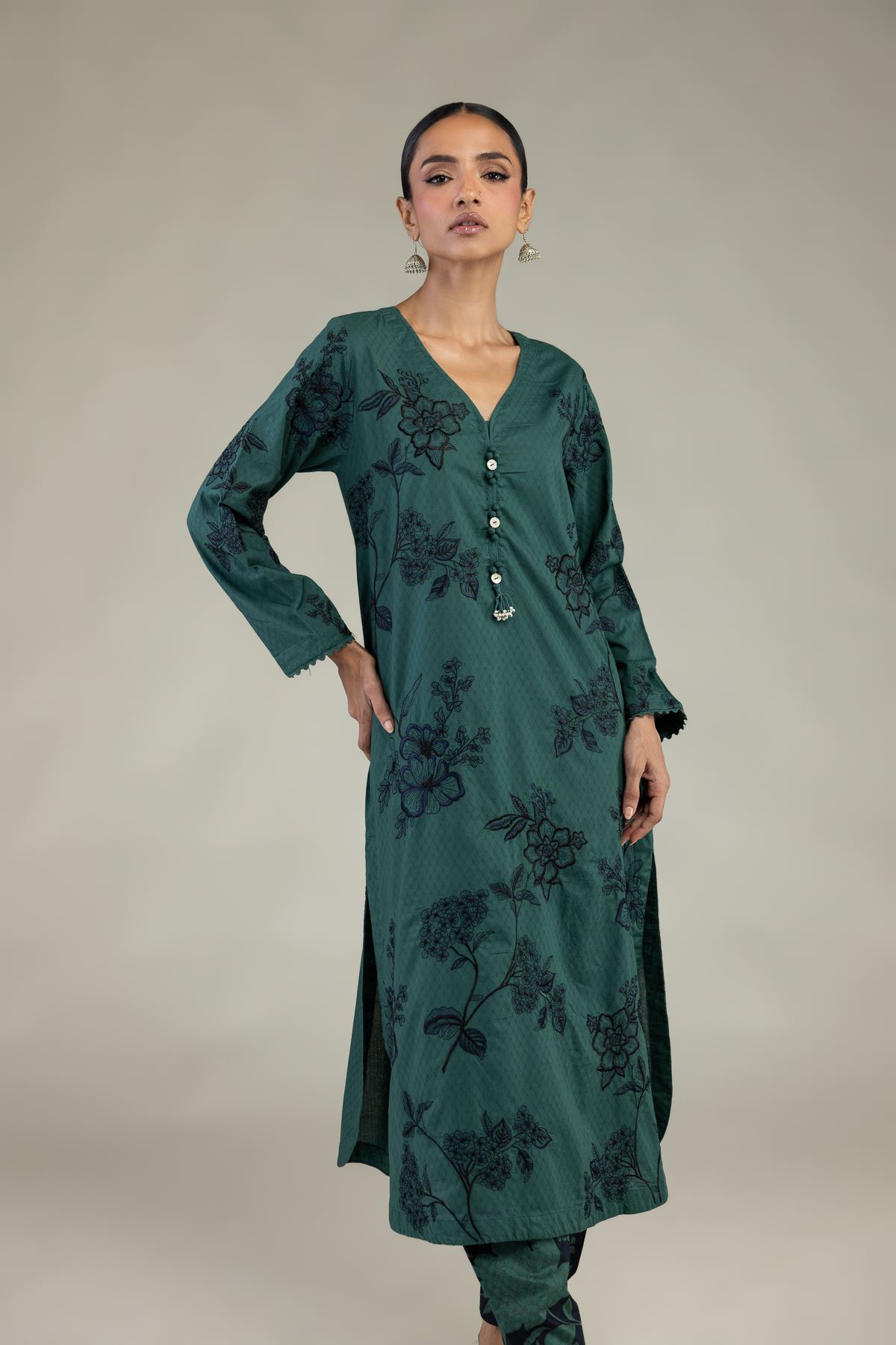Embroidered Cotton Dobby Green Longline Kurta - 1-26-226-A-B1-VG