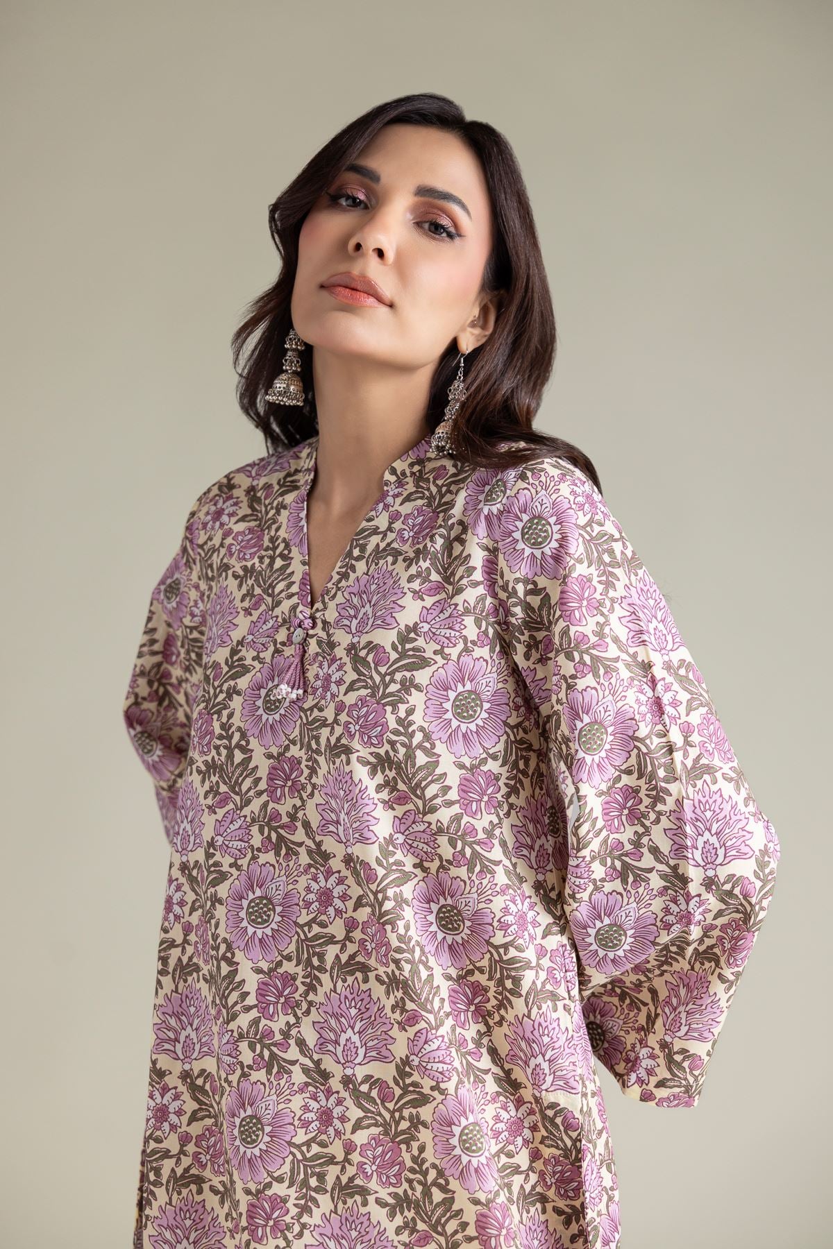 Embroidered Cambric Beige V-Neck Kurta - T-A112-26-108EC2-VG