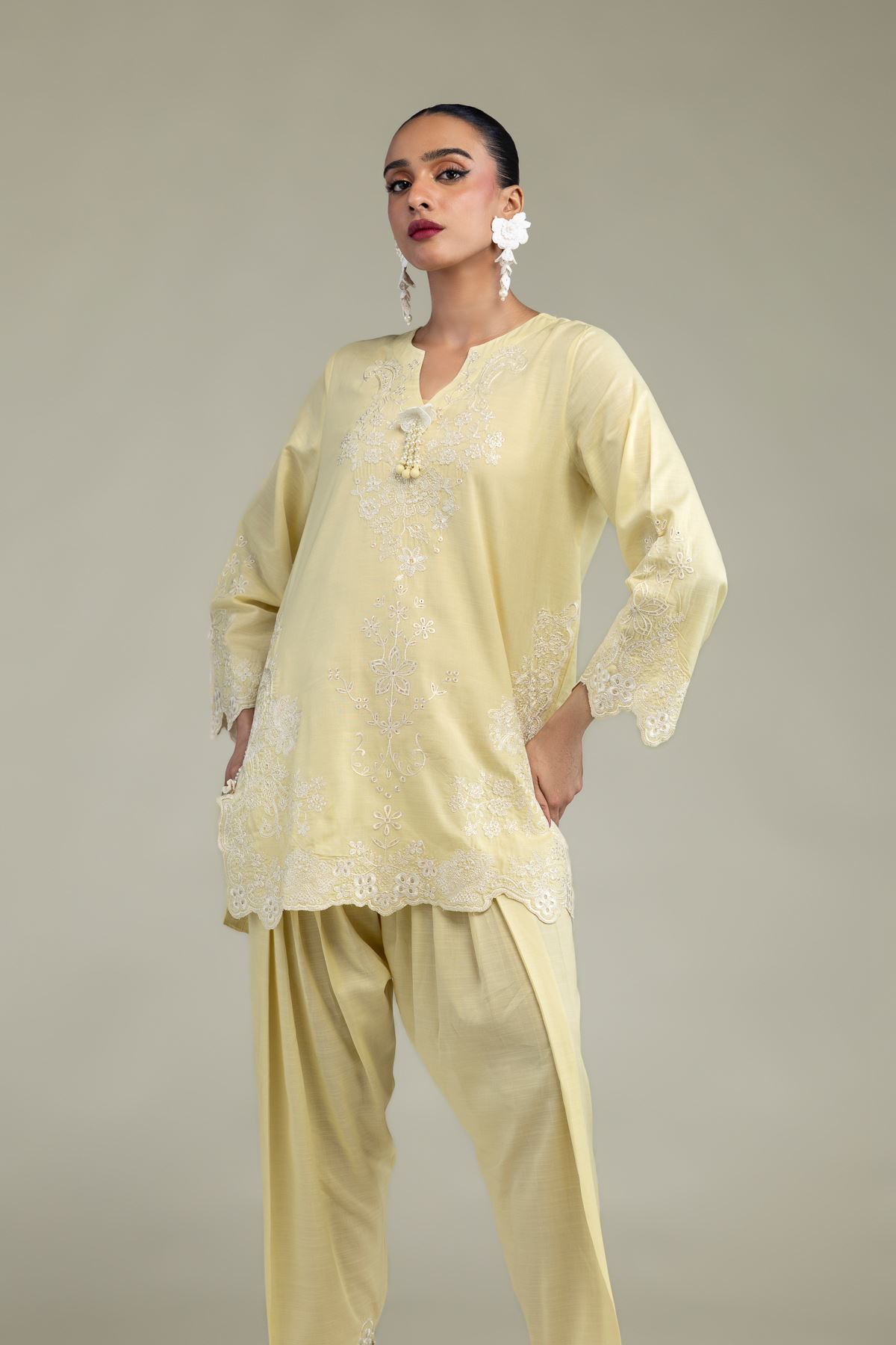 Embroidered Raw Silk Silk V-Neck Kurta - 1-26-250-B-H1-VG