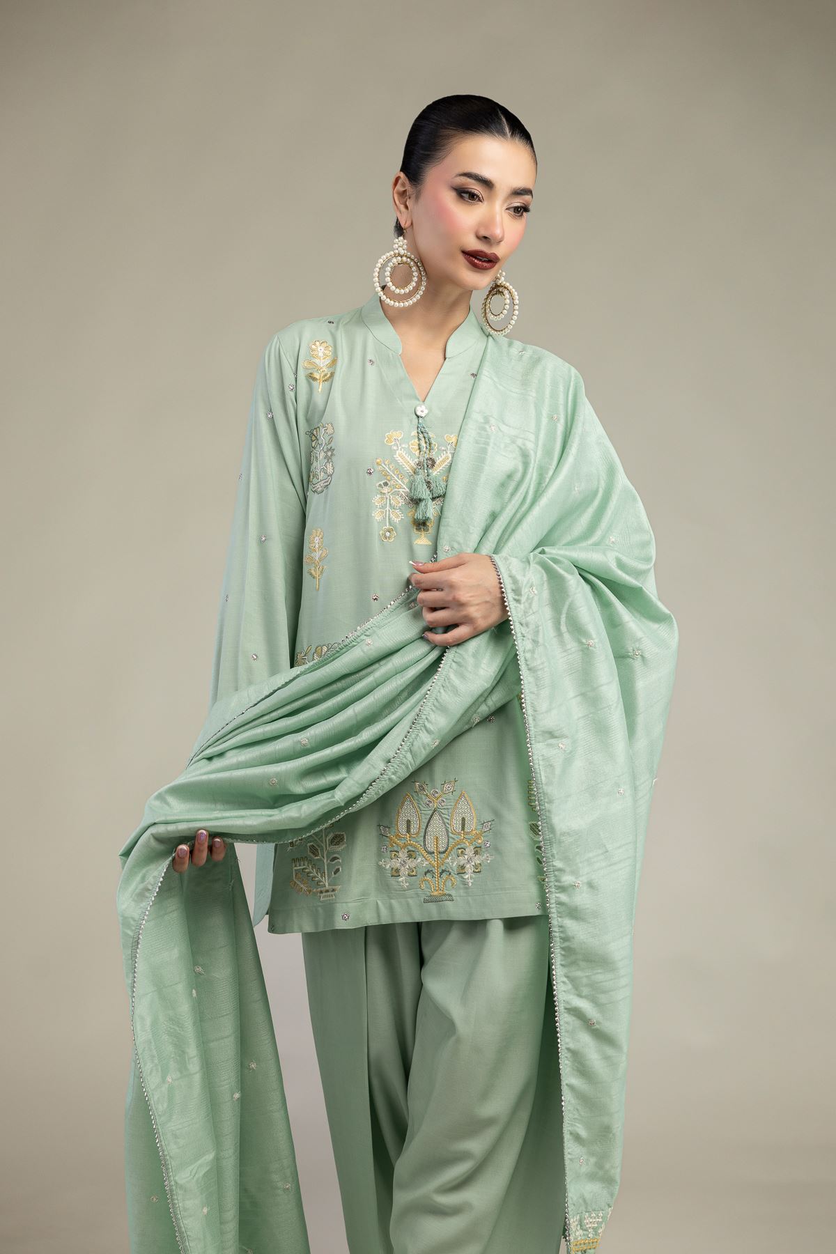 Embroidered Polyester Silk Floral Mint Dupatta - 2-26-207-A-C1-VG