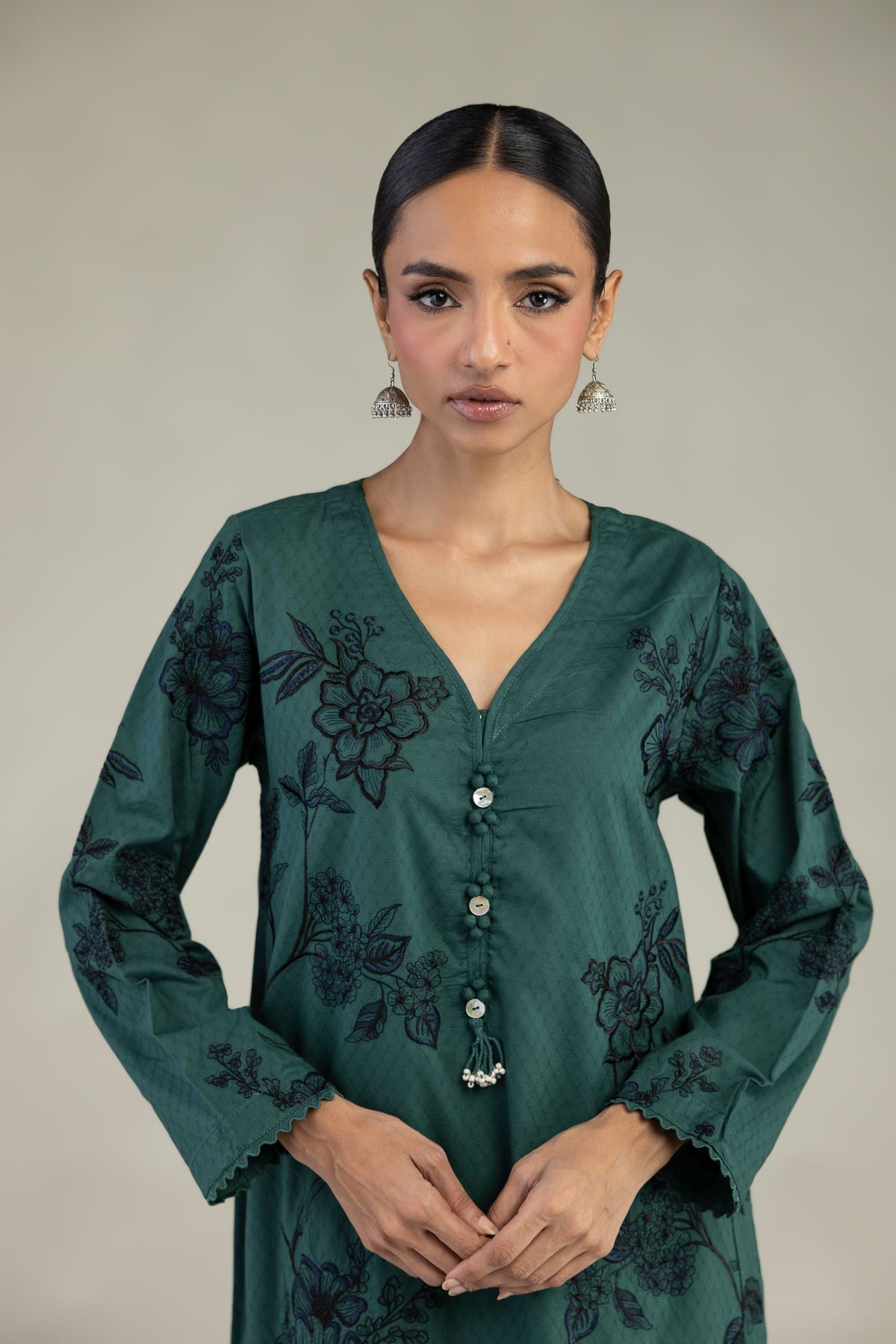 Embroidered Cotton Dobby Green Longline Kurta - 1-26-226-A-B1-VG