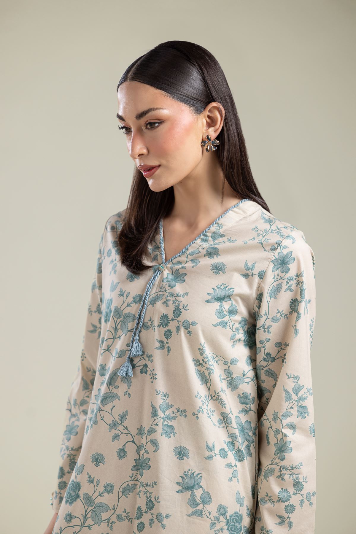 Printed Cotton Viscose Floral V-Neck Kurta - 1-26-204-A-F1-VG