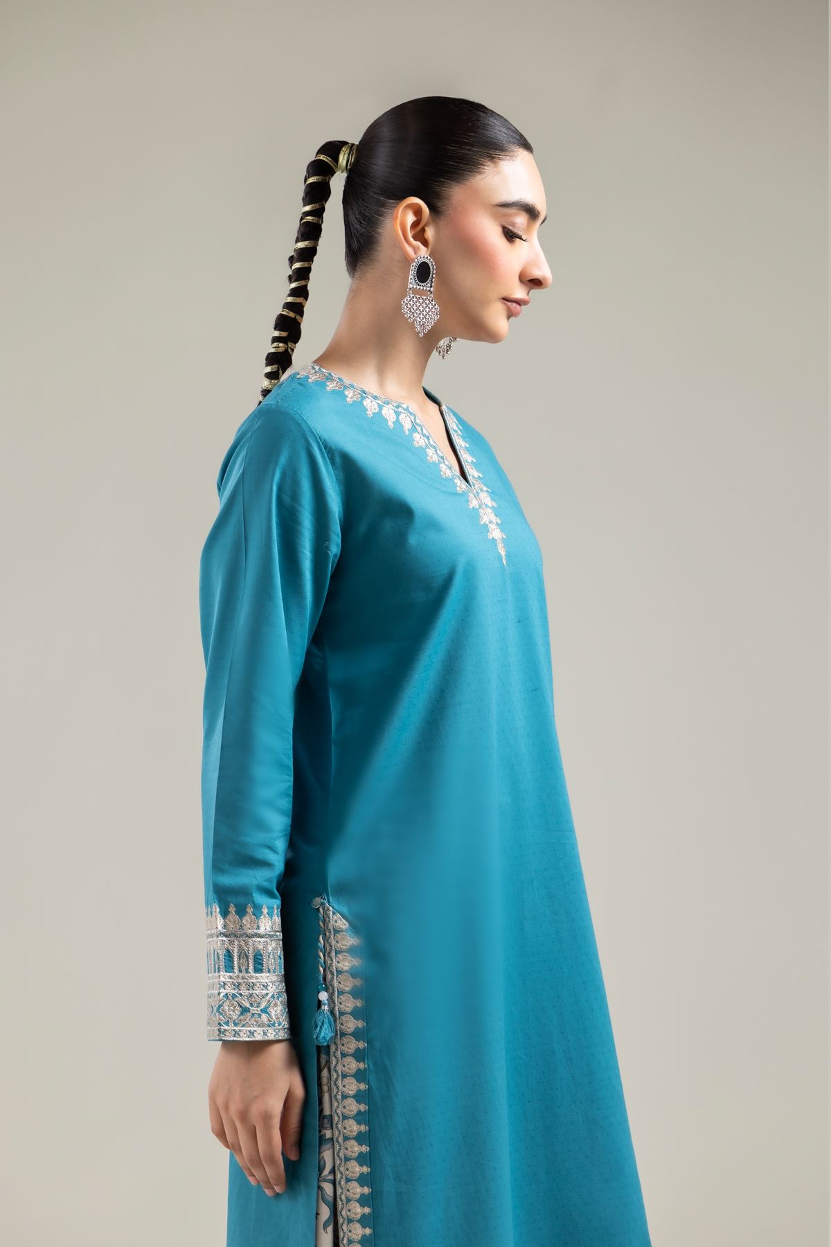 Embroidered Cotton Dobby Teal Cotton Kurta - T-A33-26-102FG-VG