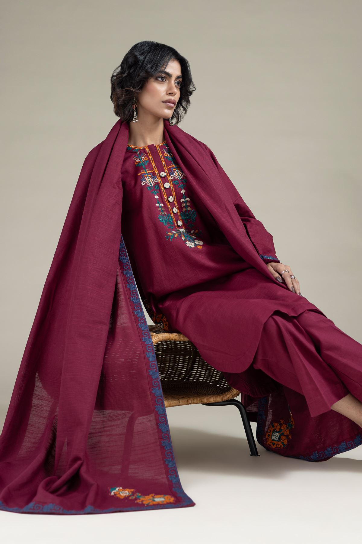 Embroidered Textured Cotton Dupatta - 25-10-10S4-02TB-VG