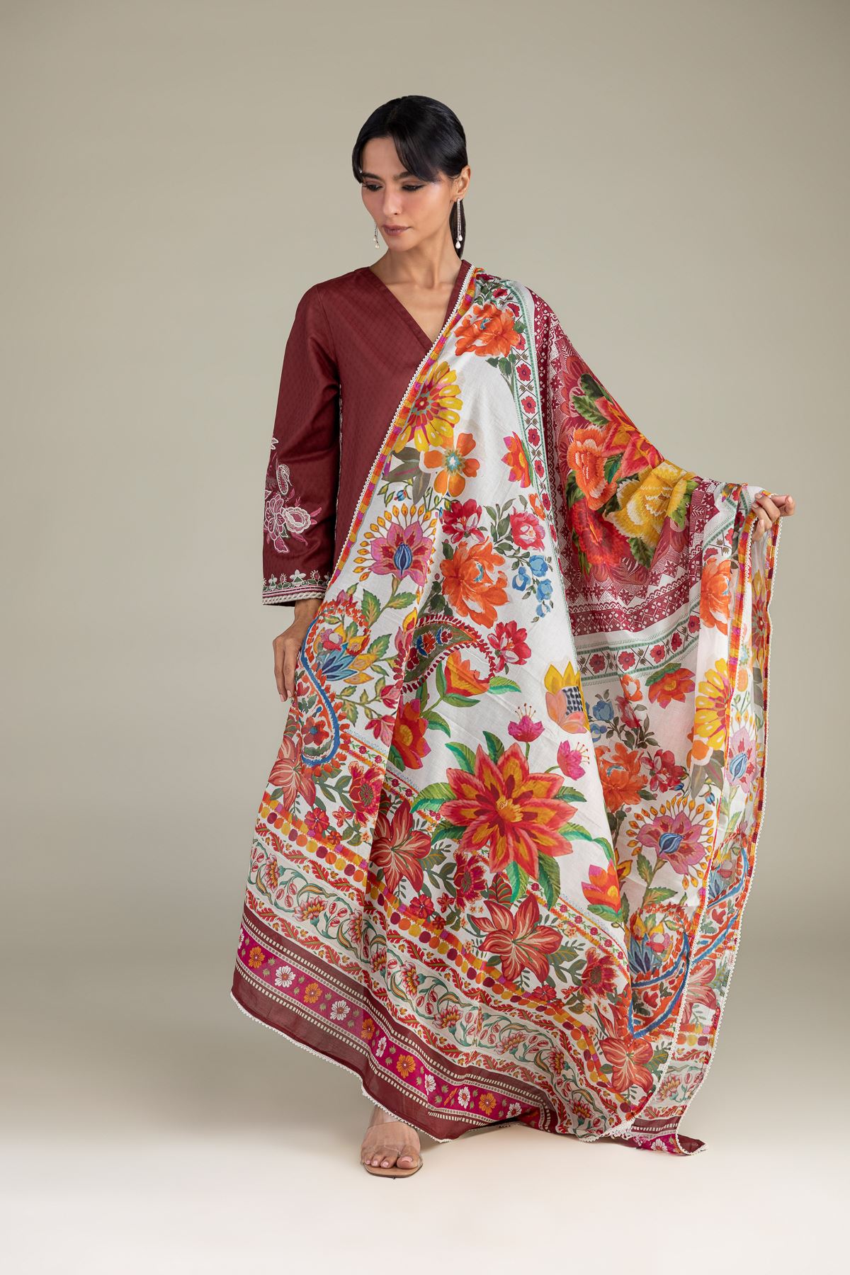 Embroidered Lawn Floral Lawn Dupatta - 1-26-305-C-H2-VG