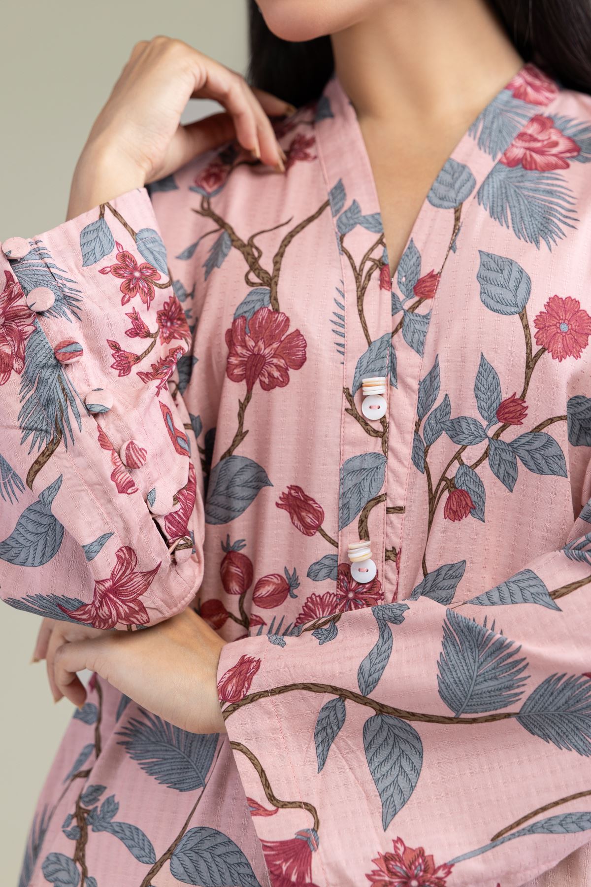 Printed Cotton Dobby Floral Longline Kurta - 1-26-211-A-F1-VG