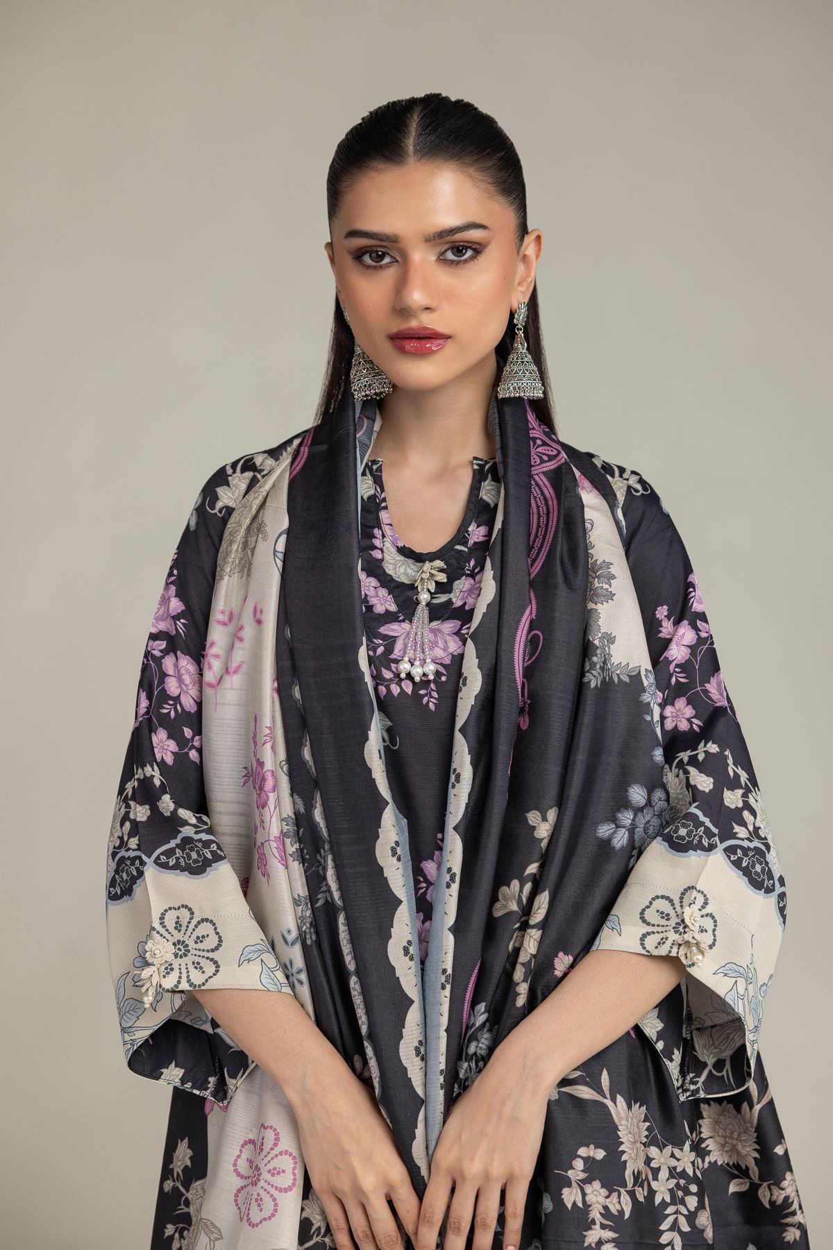 Embroidered Polyester Silk Black Floral Dupatta - 1-26-203-A-J2-VG