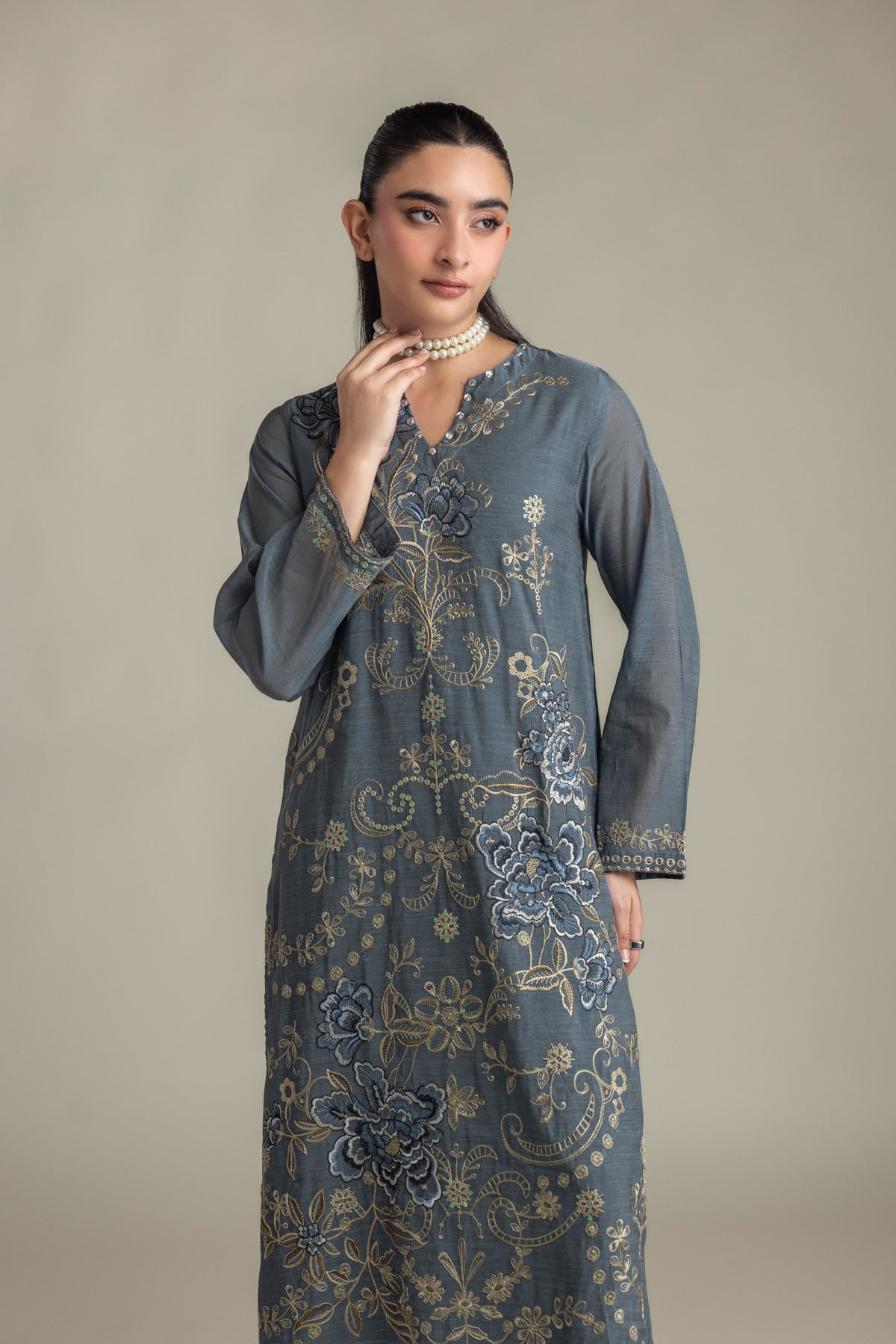 Embroidered Paper Silk Silk Floral Kurta - 2-26-418-A-A1-VG