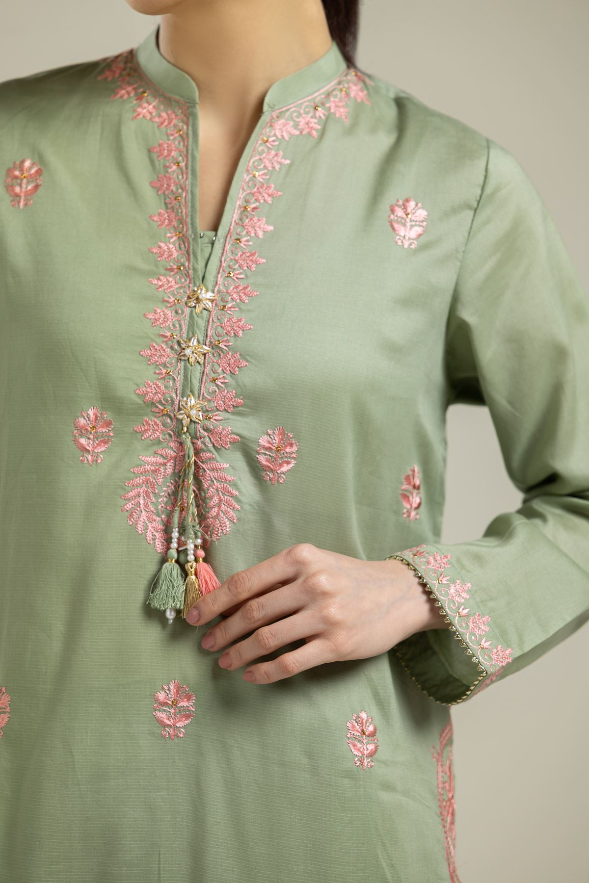 Embroidered Textured Weave Long Mint Kurta - 2-26-107-A-F-VG