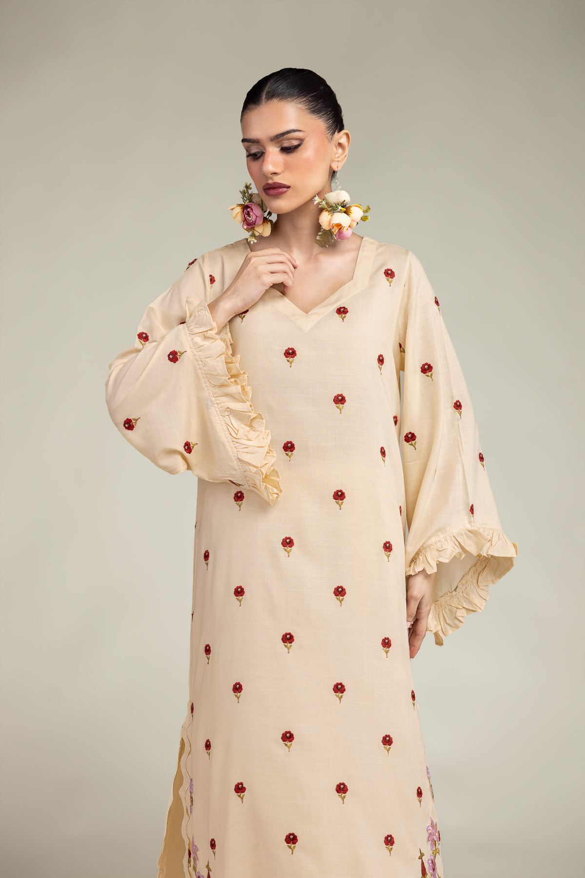 Embroidered Raw Silk Floral Silk Kurta - T-A33-26-210FJ1-VG
