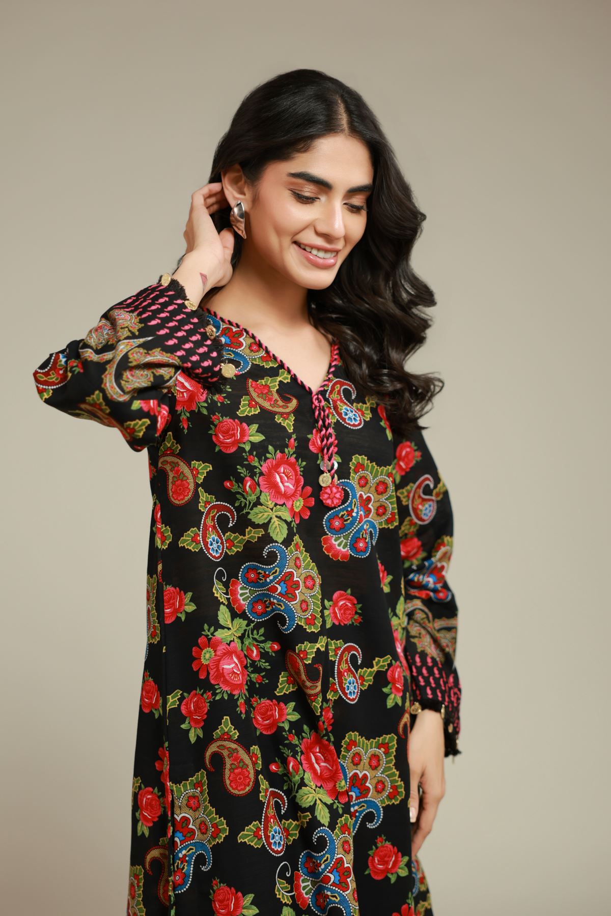 Printed Textured Cotton Floral Longline Kurta - 1-26-125-A-D-VG