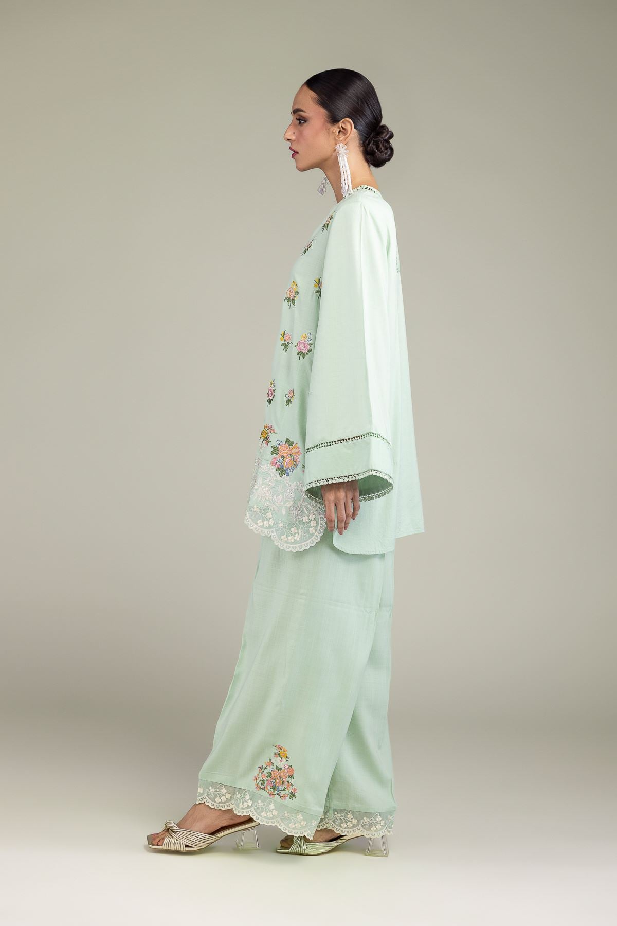 Embroidered Raw Silk Floral Silk Pants - 2-26-209-A-C1-VG
