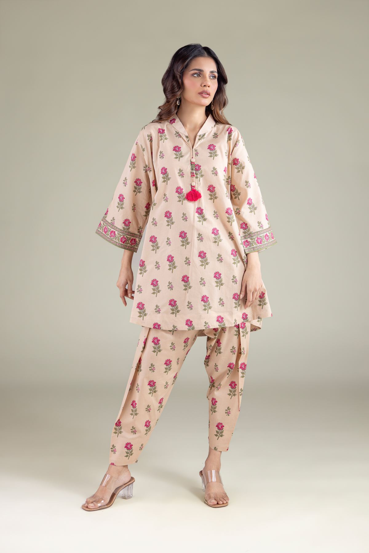 Printed Cambric Floral Tassel Kurta - 1-26-133-A-D-VG