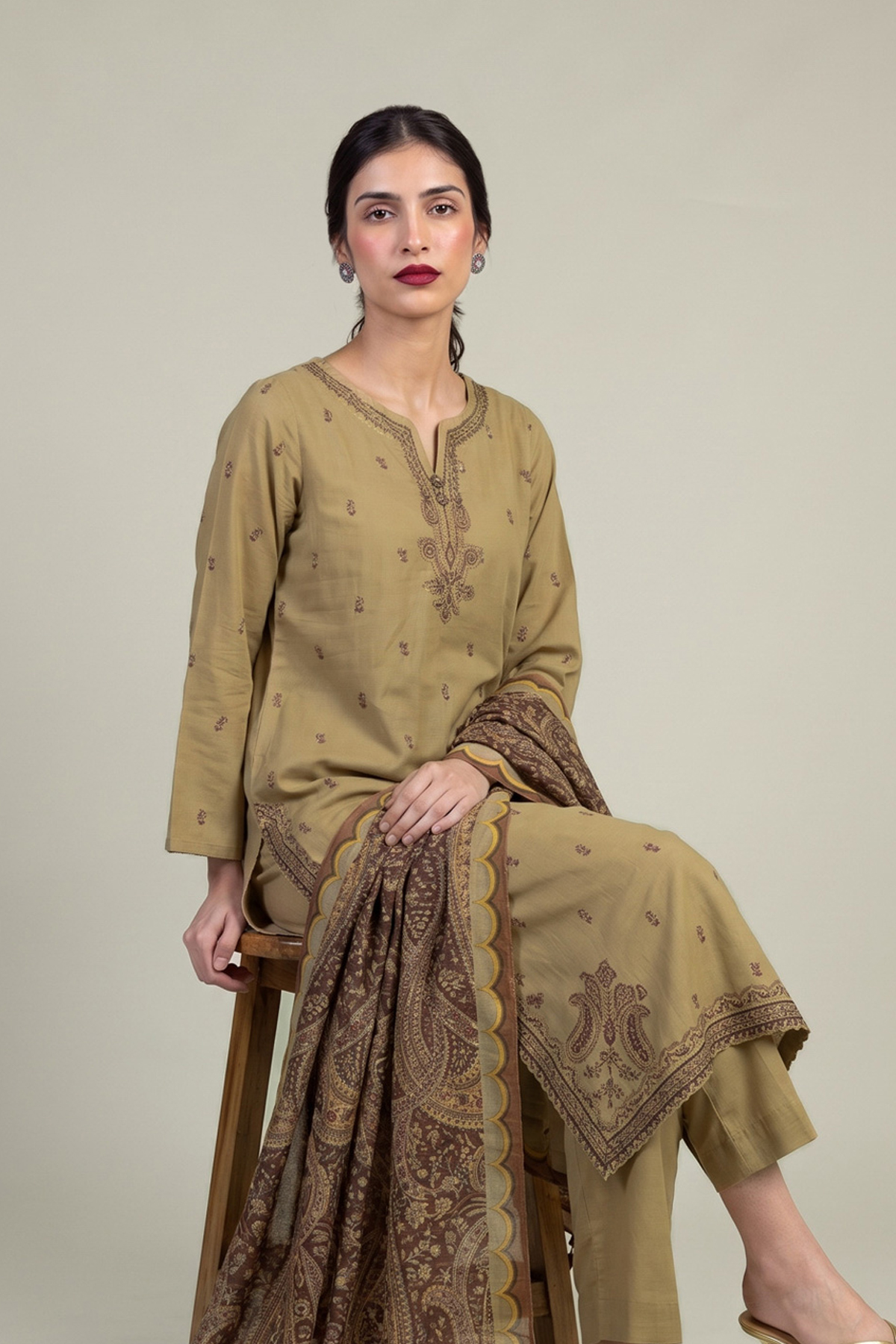 Embroidered Raw Silk Olive Silk Kurta - 1-26-309-B-D1-VG