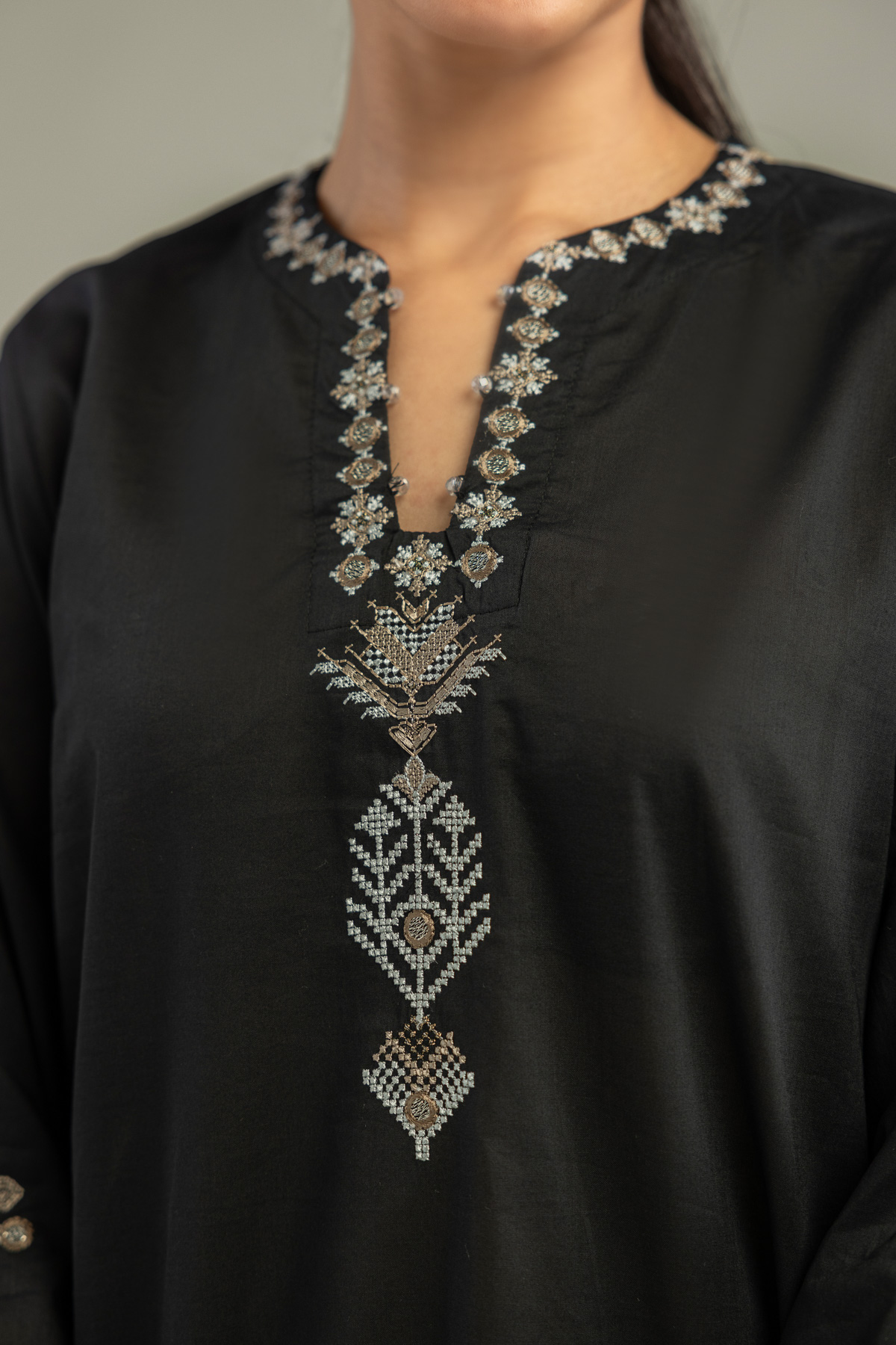 Embroidered Cambric V-Neck Black Kurta - 1-26-102-A-F-VG
