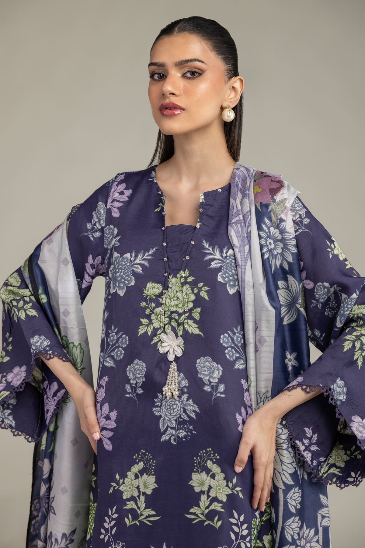 Embroidered Polyester Silk Floral Navy Dupatta - 2-26-208-A-E1-VG