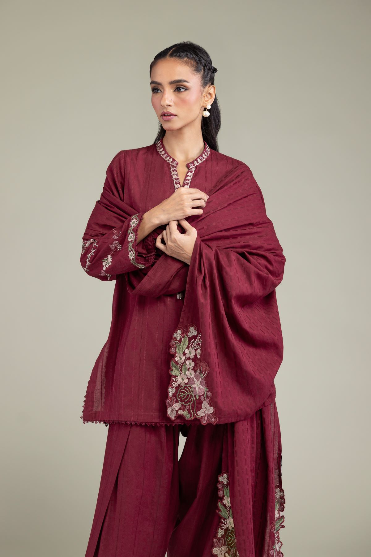 Embroidered Textured Cotton Floral Maroon Dupatta - 1-26-131-A-B-VG