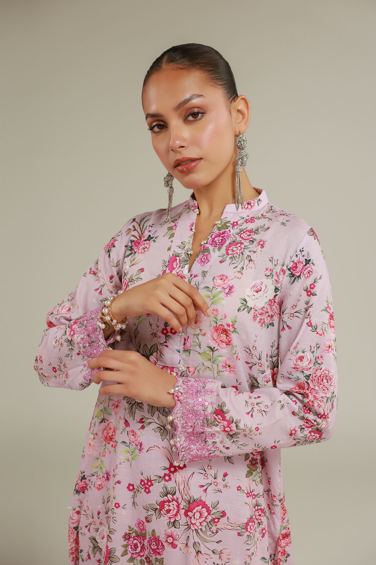 Embroidered Raw Silk Floral Longline Kurta - 2-26-101-A-B-VG