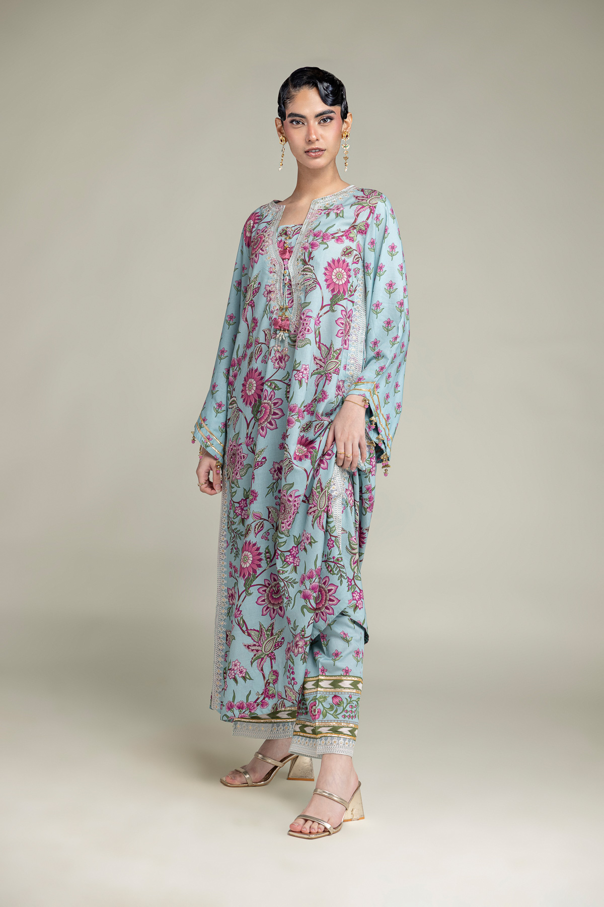 Embroidered Raw Silk Floral Silk Pants - 1-26-102-A-F-VG