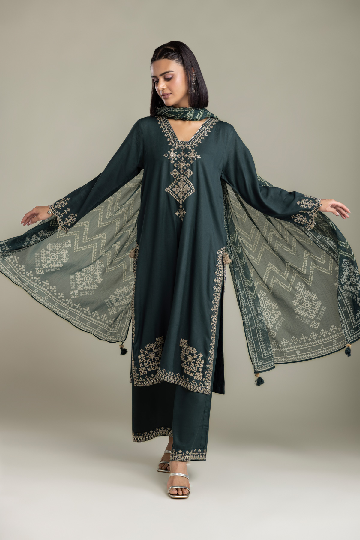 Embroidered Raw Silk 3-Piece Tailored Set - 1-26-408-A-B1-VG