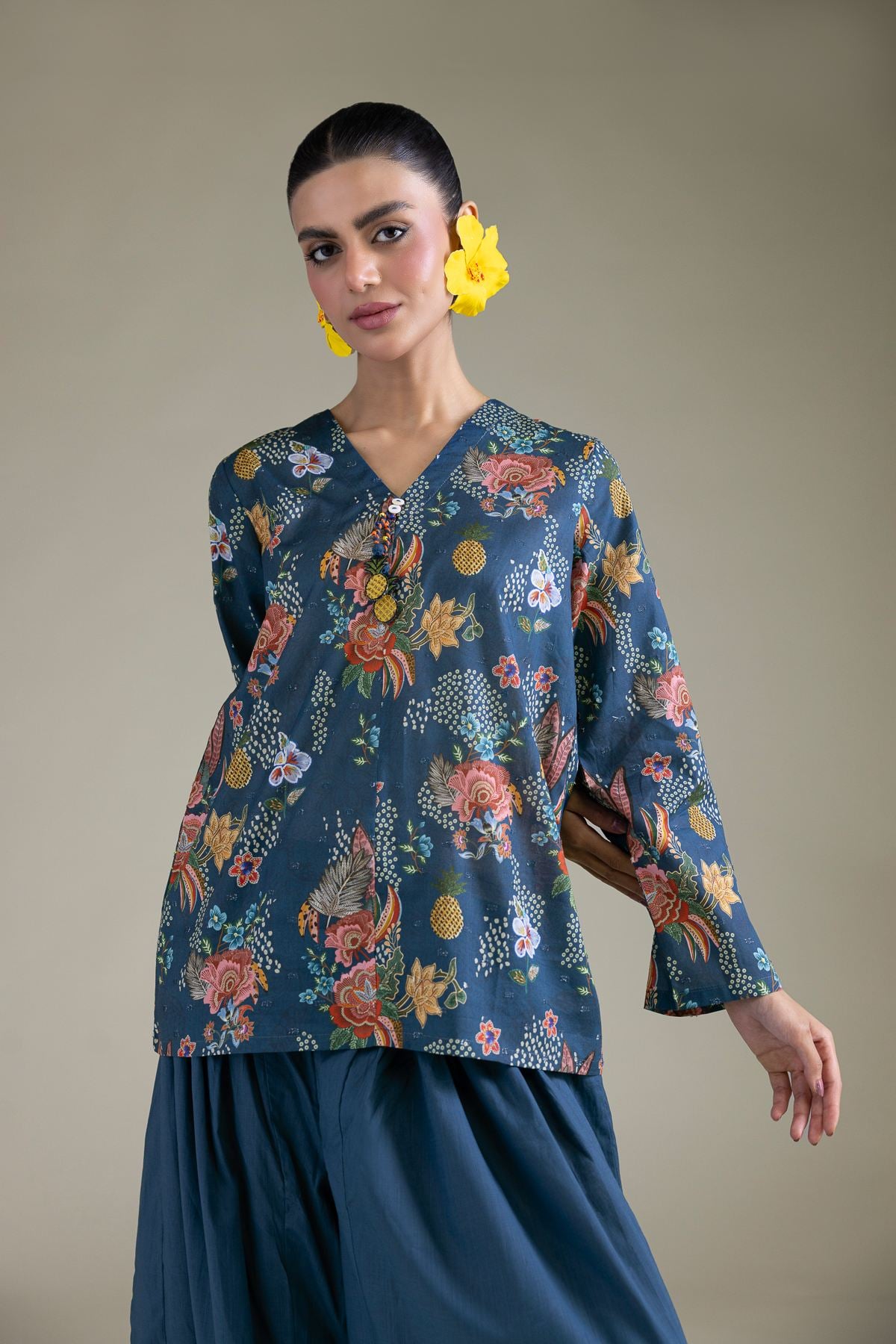Embroidered Cambric Blue Cambric Shirt - 1-26-211-A-A2-VG