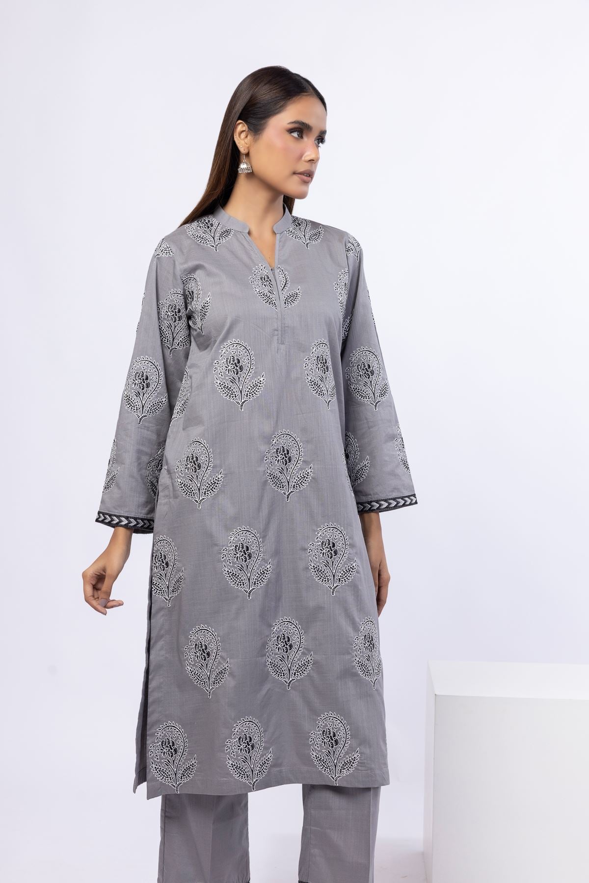 Embroidered Crosshatch Poplin Kurta - 25-W02iB-02TA-VG