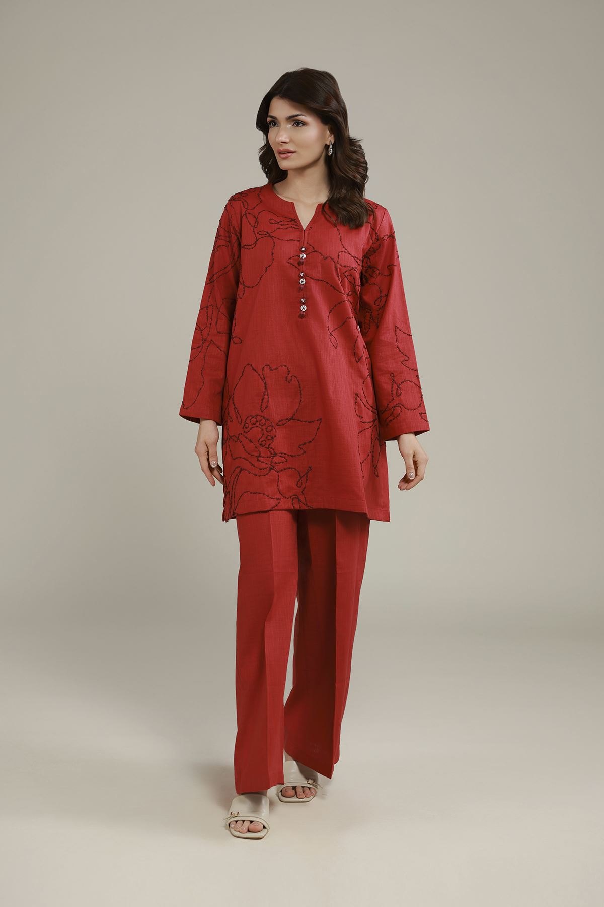 Embroidered Heavy Textured Cotton Floral Threadwork Kurta - EET24546B-VG