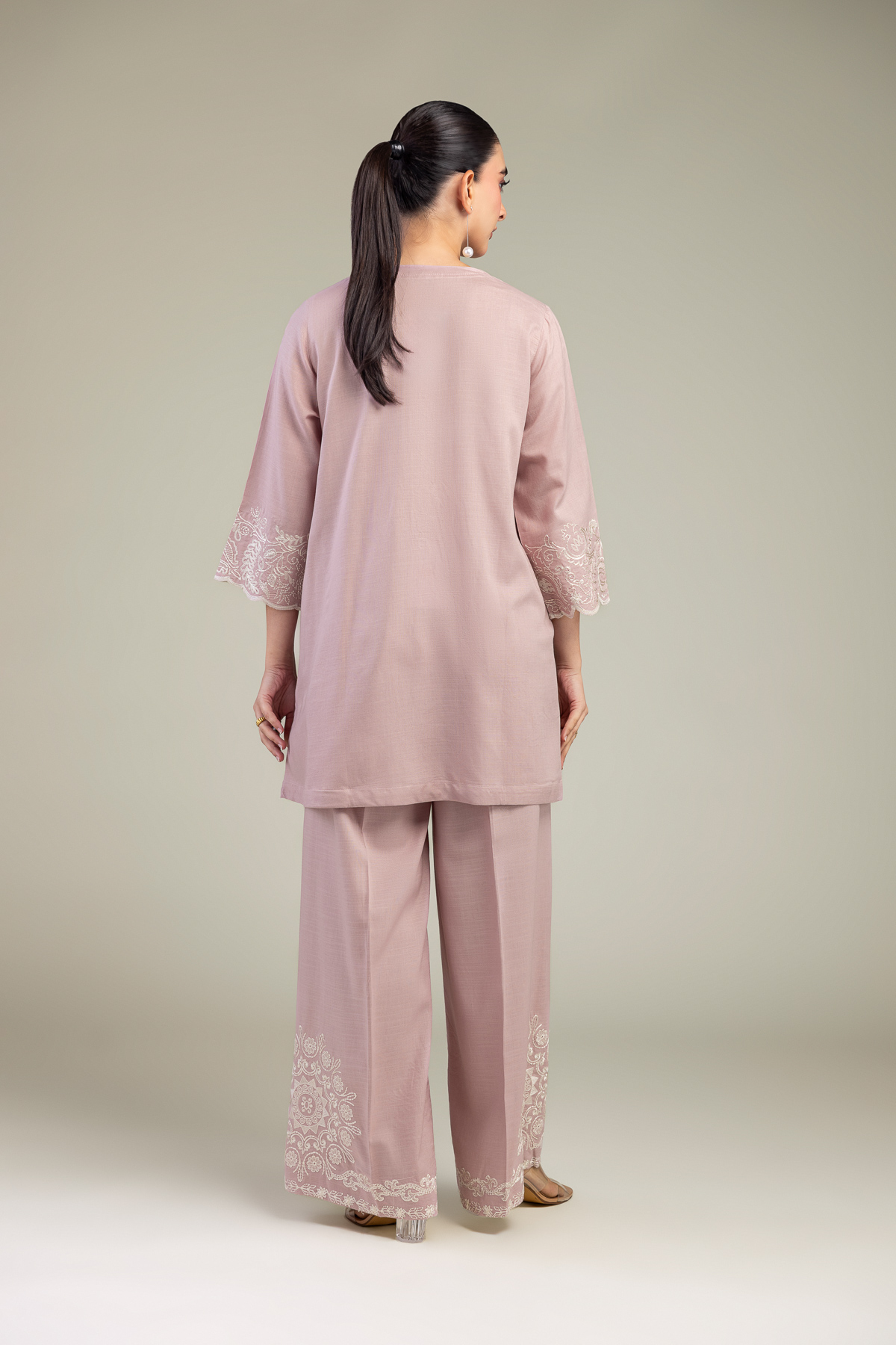 Embroidered Raw Silk V-Neck Pink Kurta - 1-26-309-B-D1-VG