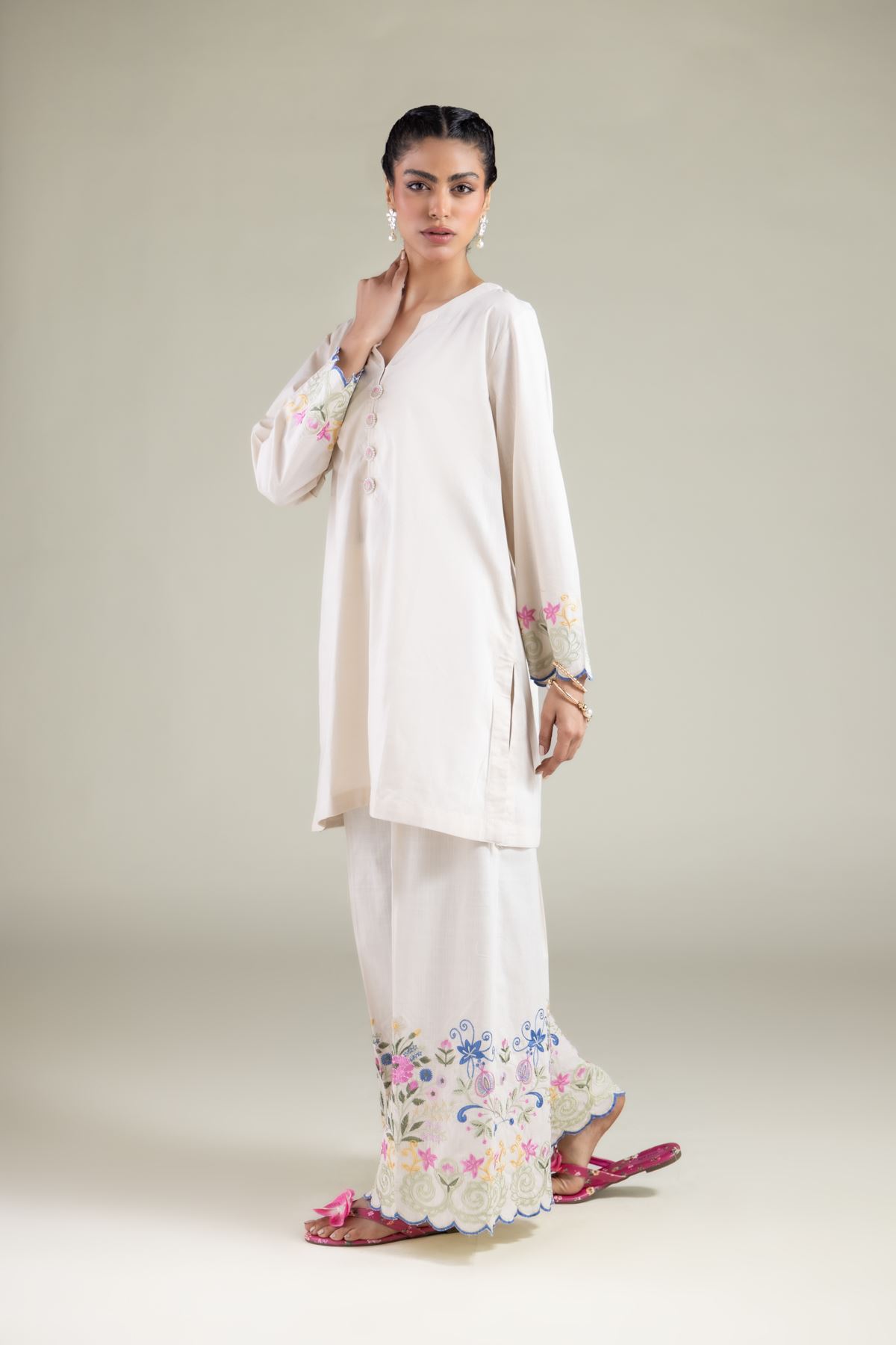 Embroidered Textured Cotton Floral V-Neck Kurta - 1-26-108-A-F-VG