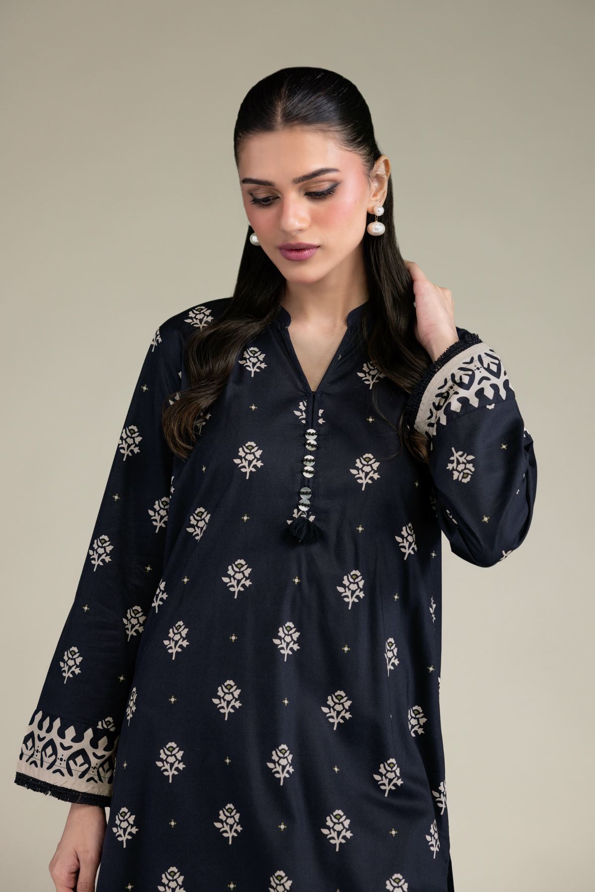 Printed Cotton Viscose Long V-Neck Kurta - 2-26-206-B-B1-VG