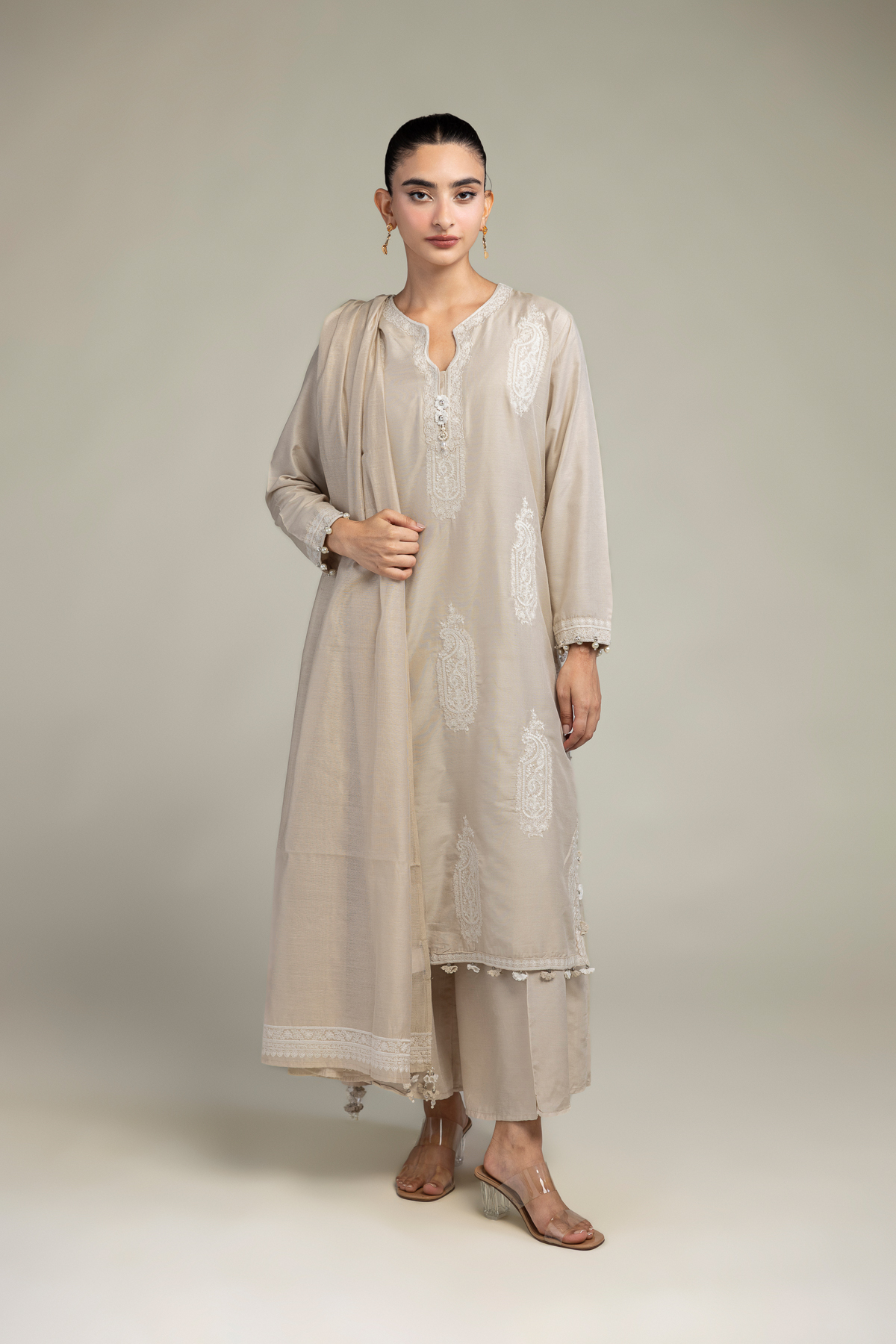 Cotton Net Paisley Beige Dupatta - 2-26-303-C-F1-VG