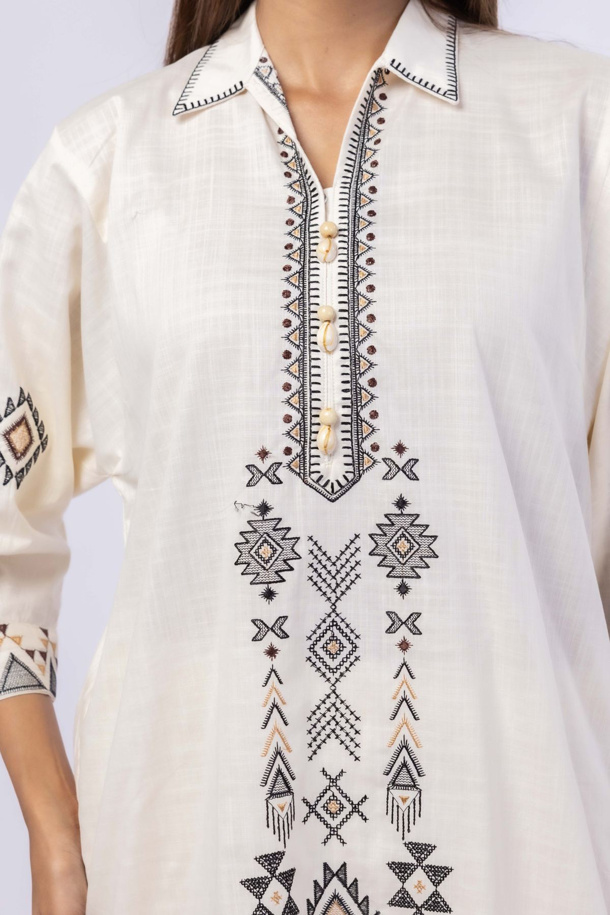 Embroidered Crosshatch Poplin Kurta - 25-04E43-01TB-VG
