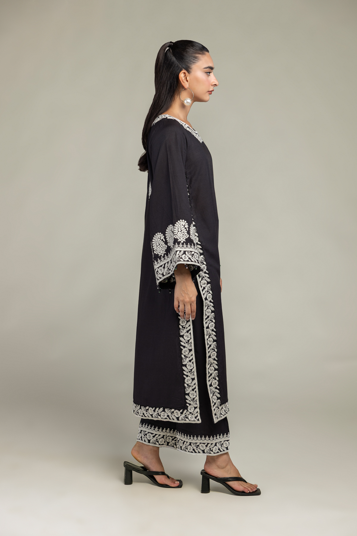 Embroidered Raw Silk Black Silk Pants - 2-26-302-B-F1-VG