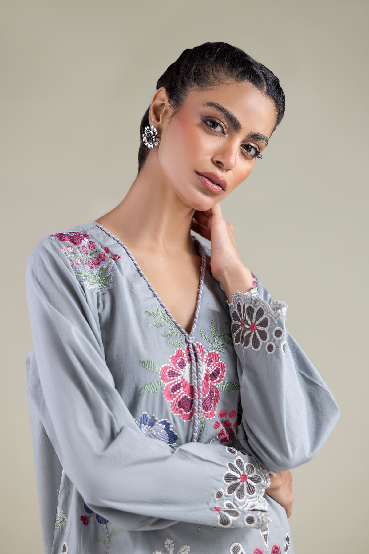 Embroidered Textured Cotton Floral V-Neck Kurta - 1-26-129-A-D-VG