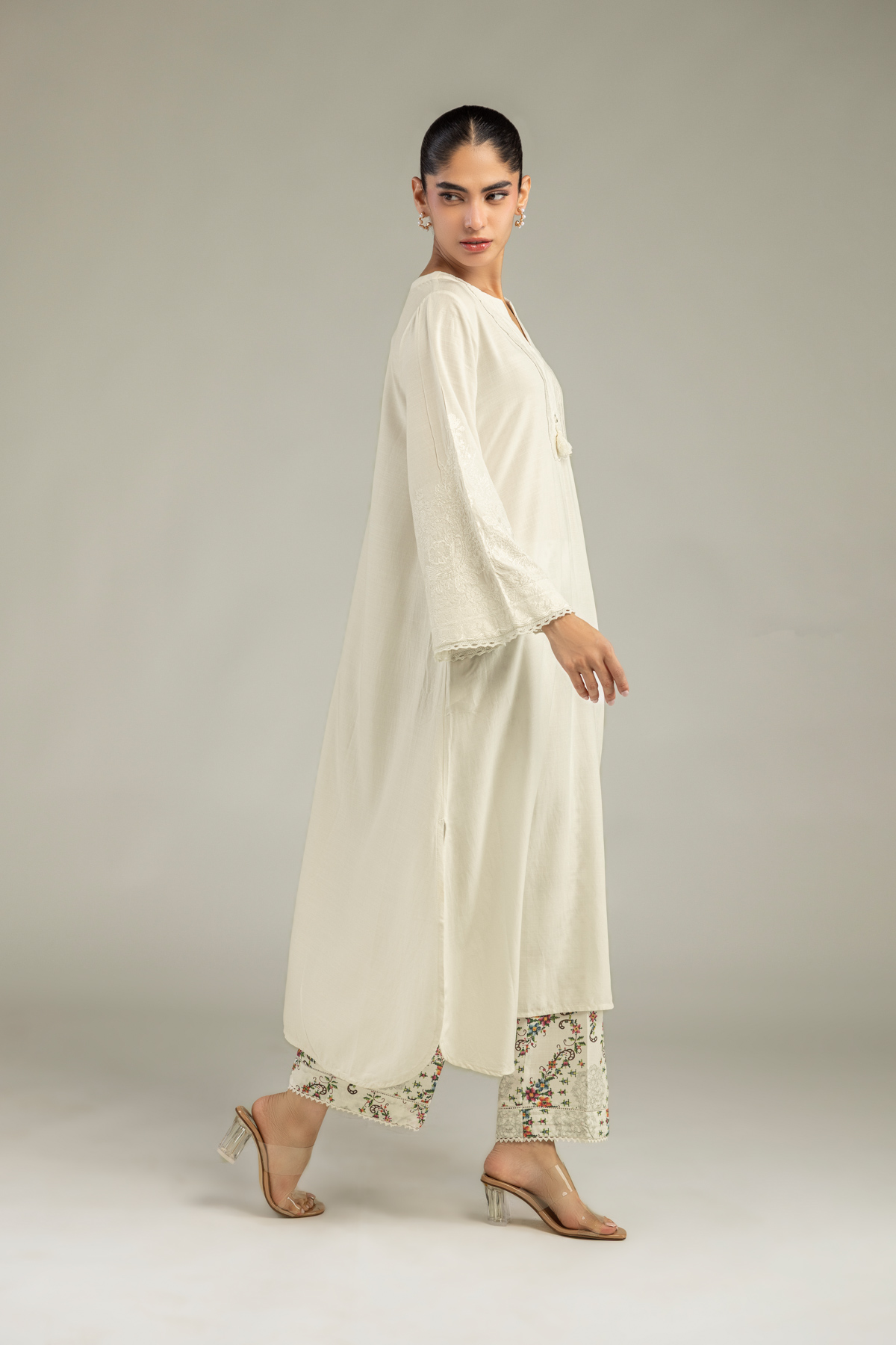 Embroidered Raw Silk Floral Off-White Pants - 1-26-102-A-F-VG