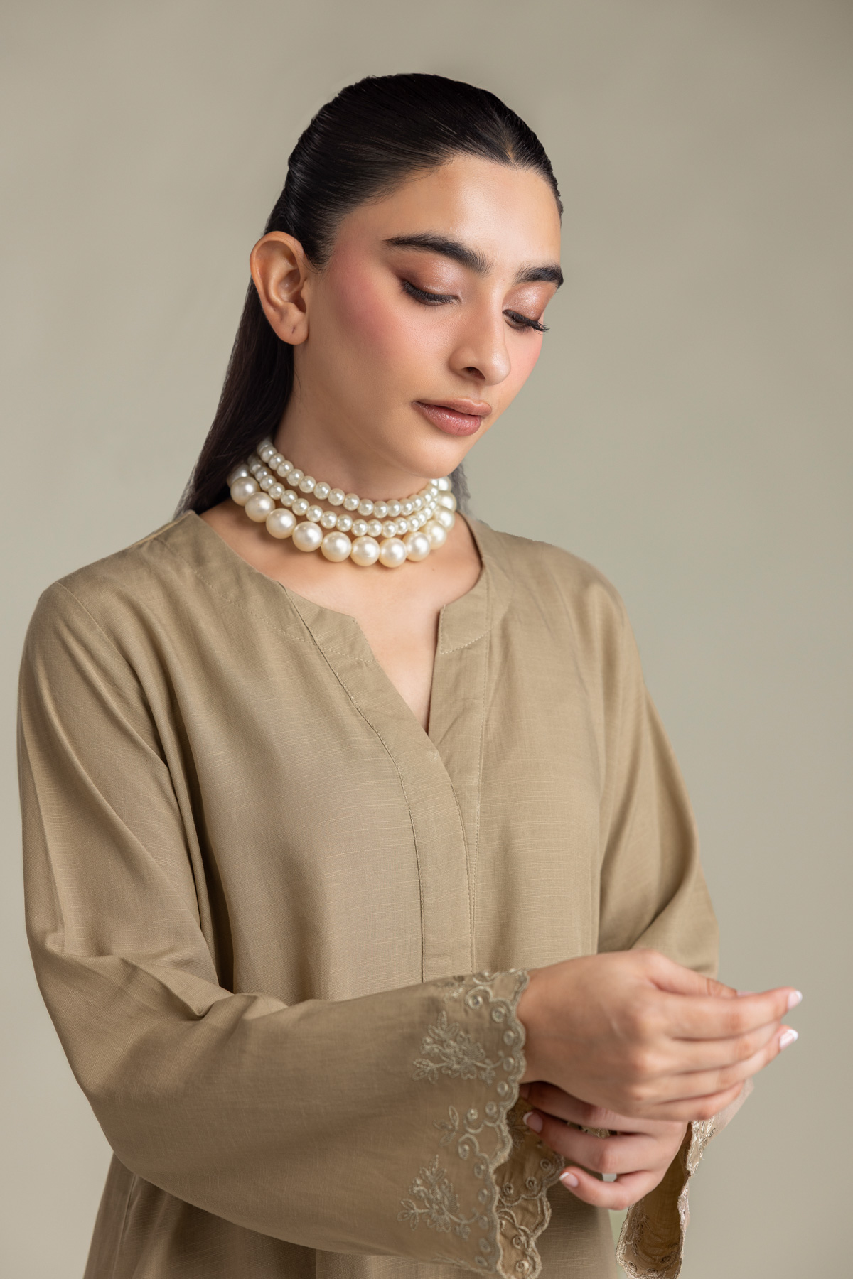 Embroidered Raw Silk V-Neck Beige Kurta - 2-26-418-A-H1-VG