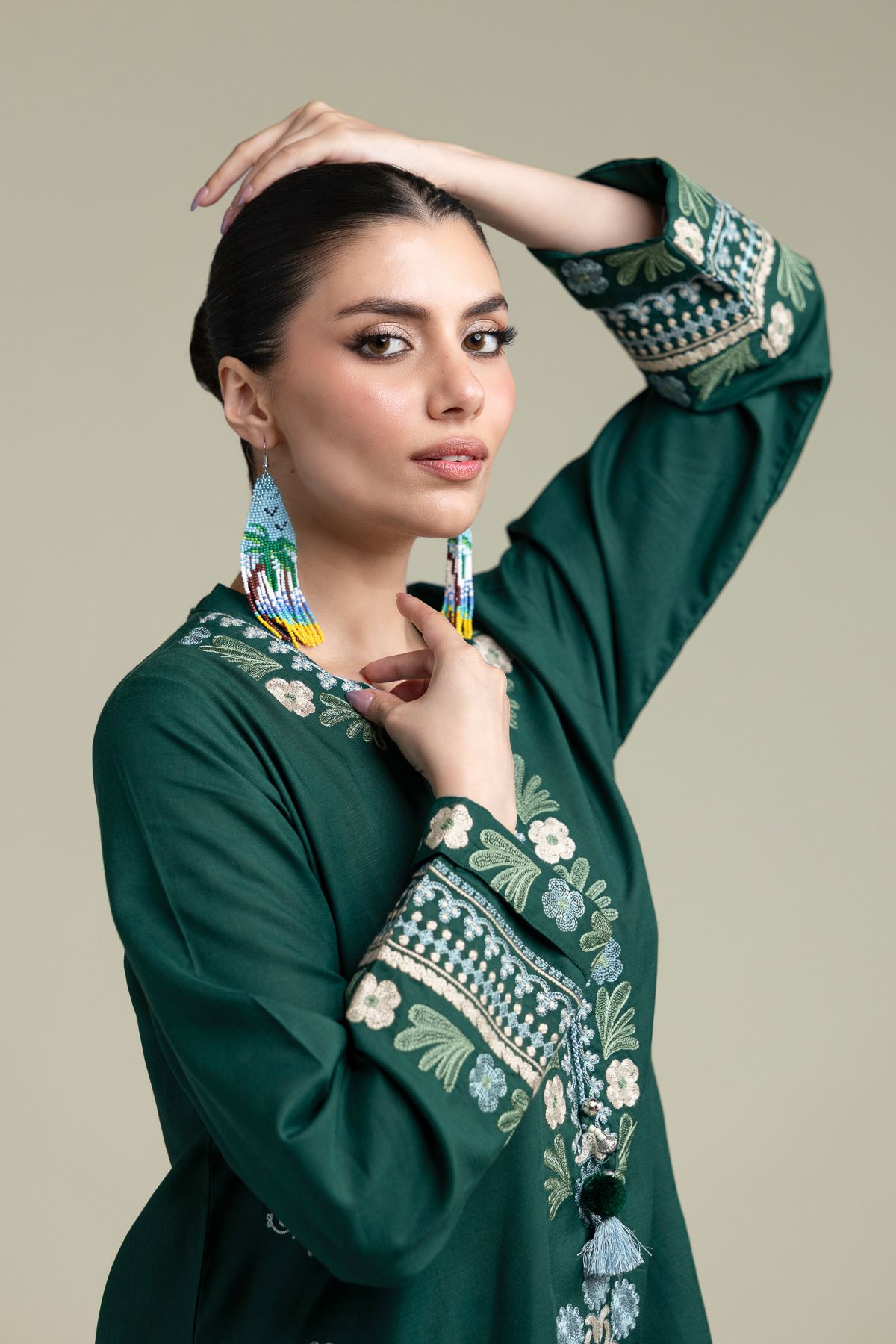 Embroidered Raw Silk Green V-Neck Kurta - 1-26-238-A-J1-VG