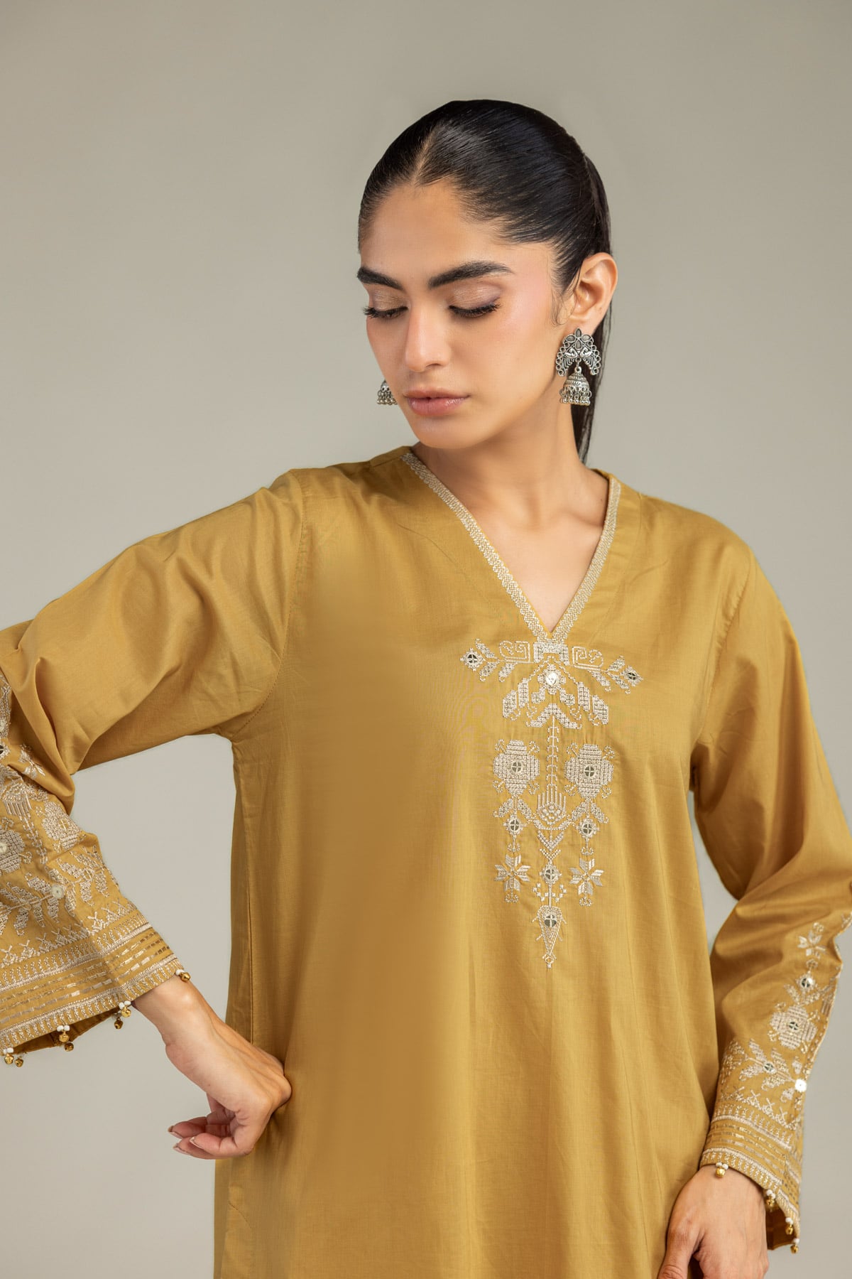 Embroidered Cambric Short Mustard Kurta - B1-2-26-106-A-C-VG