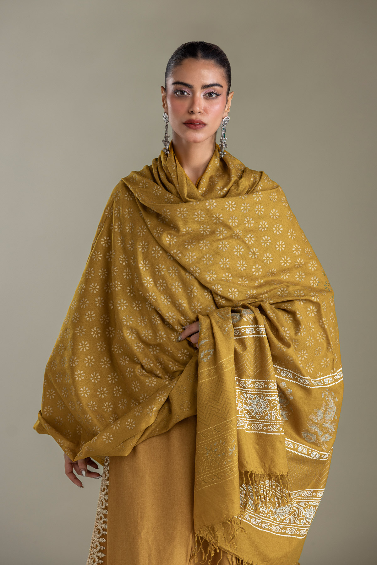 Embroidered Rashmina Acrylic Mustard Floral Shawl - 1-26-433-A-C1-VG