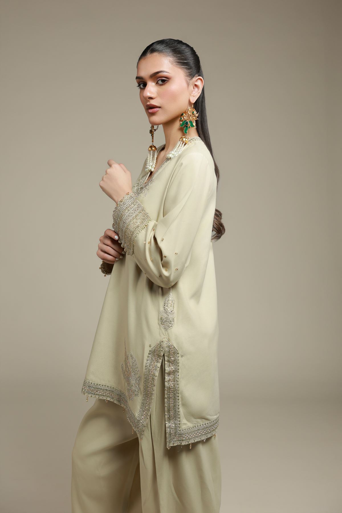 Embroidered Raw Silk 2 Piece Co-ord Set | Top and Bottom - A33-26-106FC-VG
