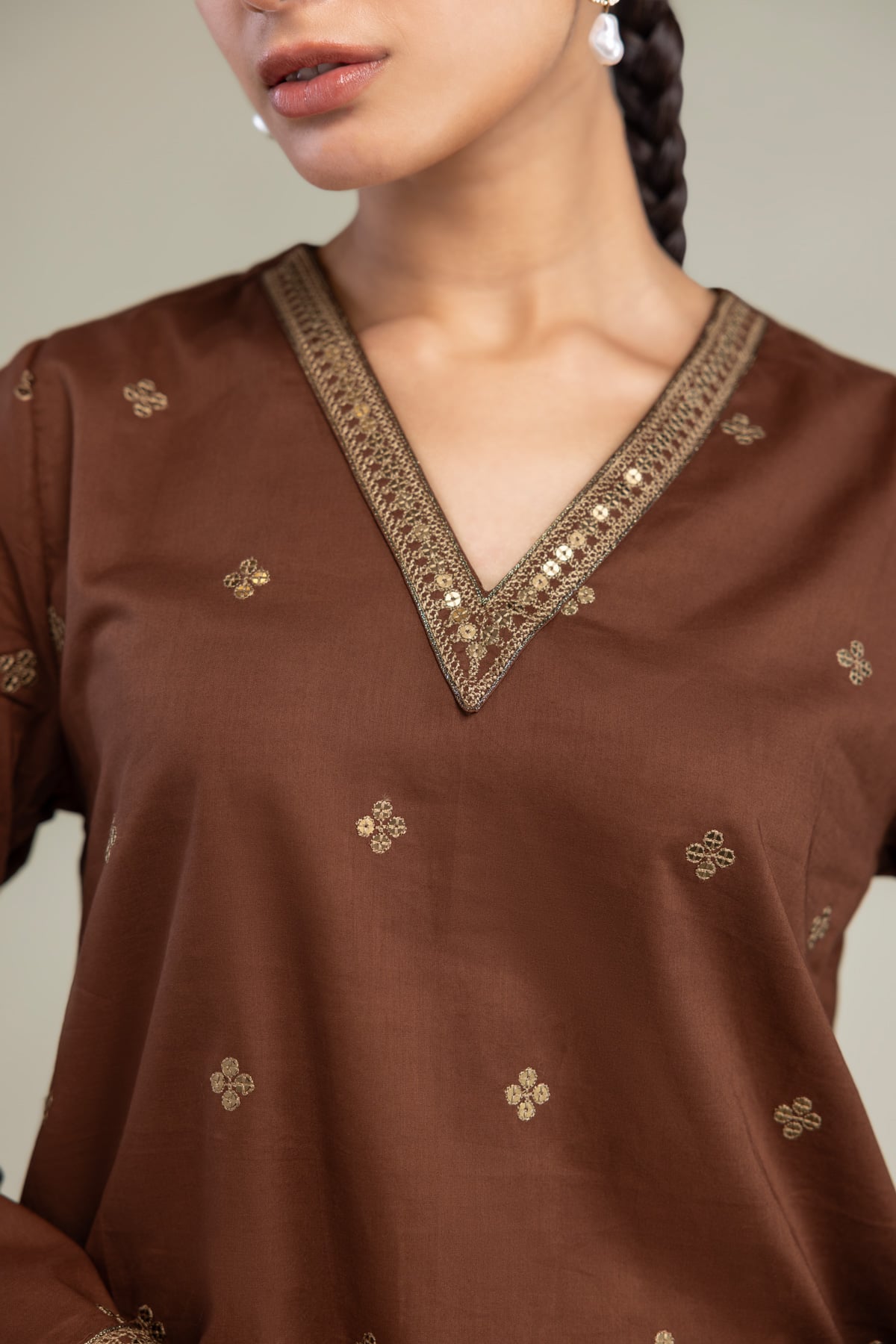 Embroidered Cambric Brown V-Neck Kurta - 1-26-102-A-F-VG