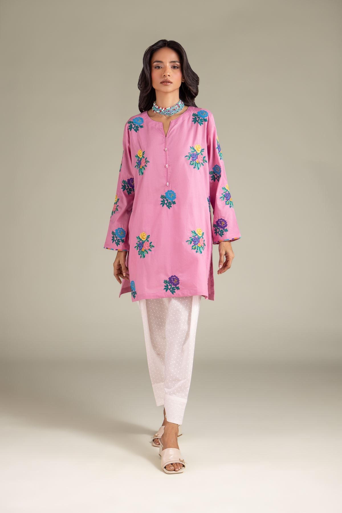 Embroidered Cambric Floral Buttoned Kurta - 1-26-108-A-F-VG