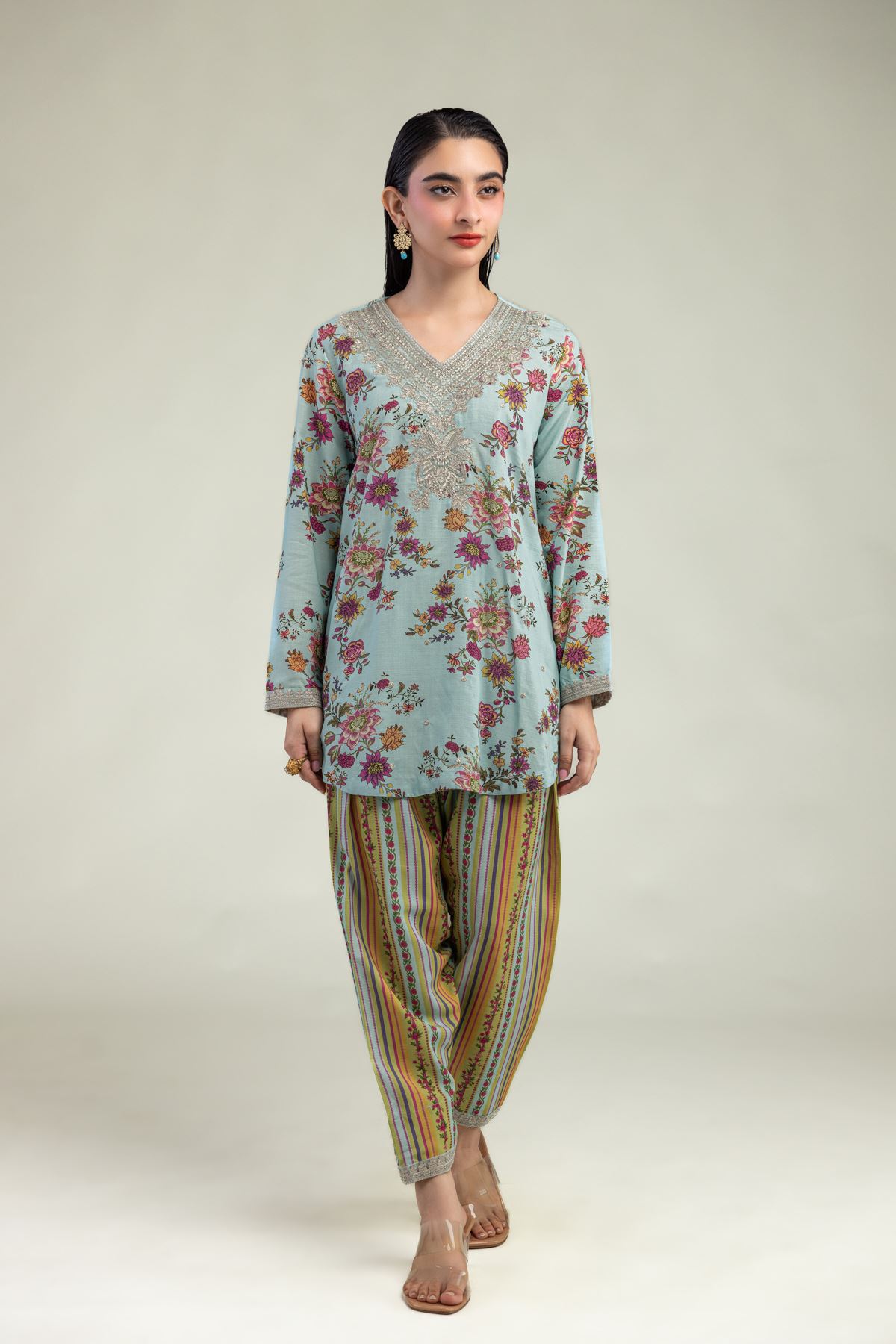 Embroidered Raw Silk Floral Silk Kurta - 8-26-304-A-B1-VG
