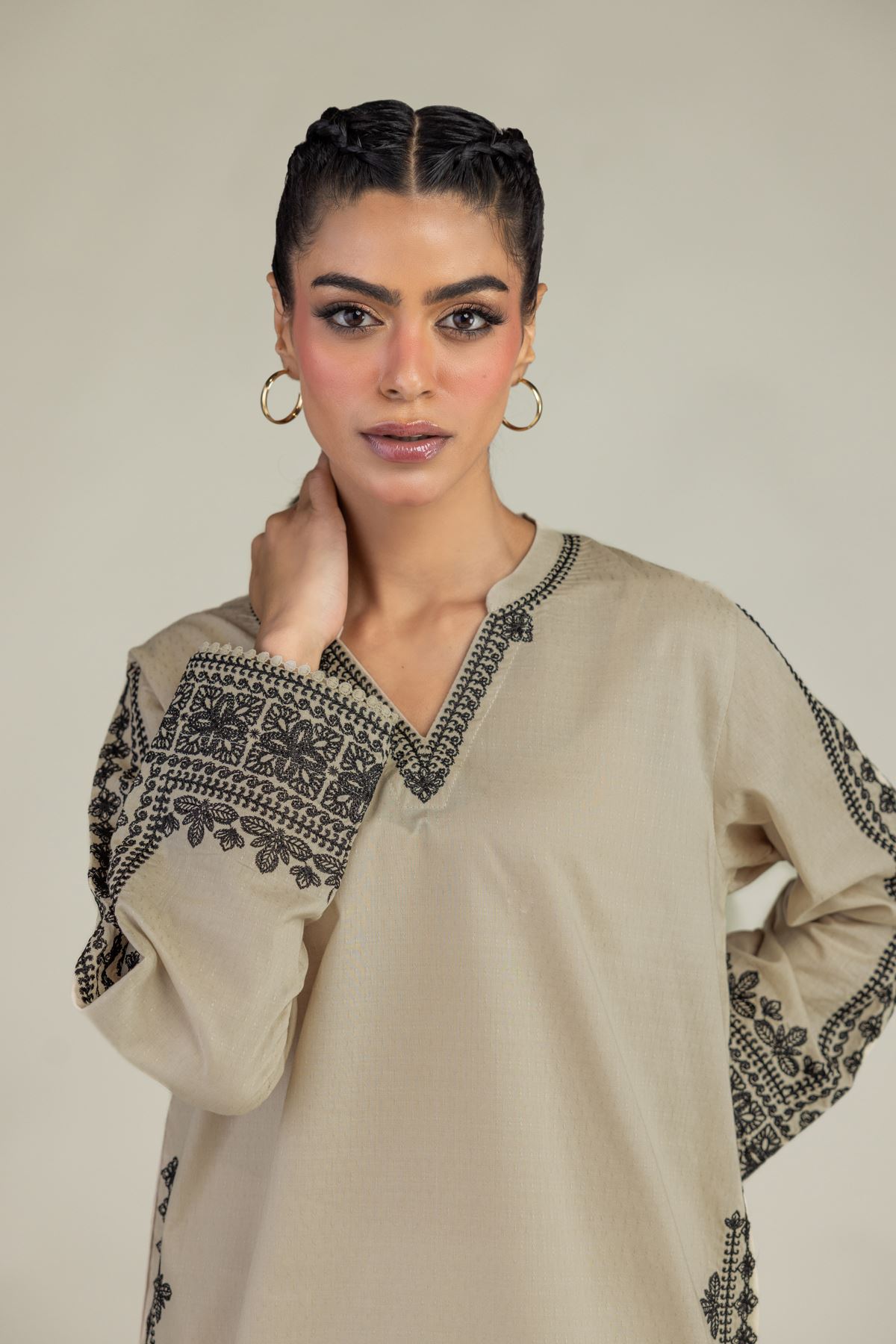 Embroidered Cotton Dobby Beige V-Neck Kurta - 1-26-245-A-J1-VG