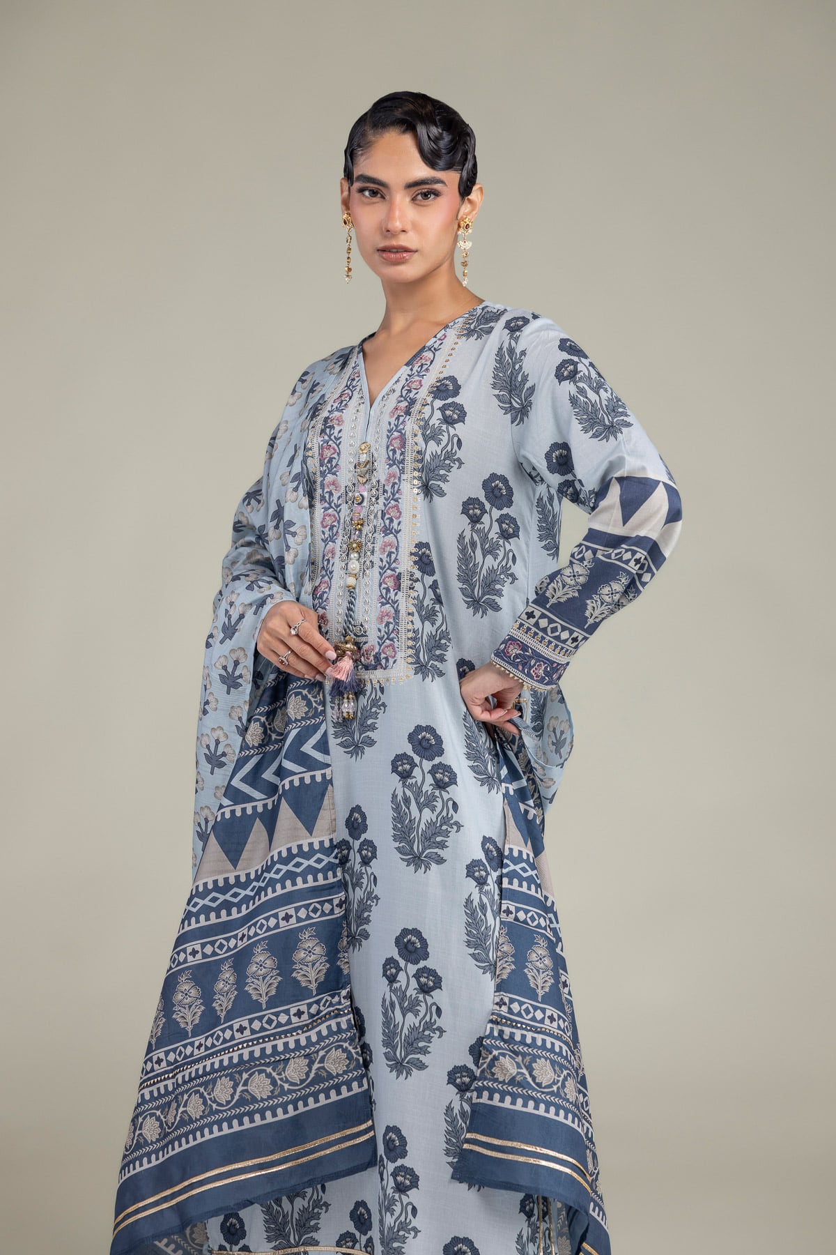 Embroidered Polyester Silk Blue Silk Dupatta - 1-26-102-A-F-VG